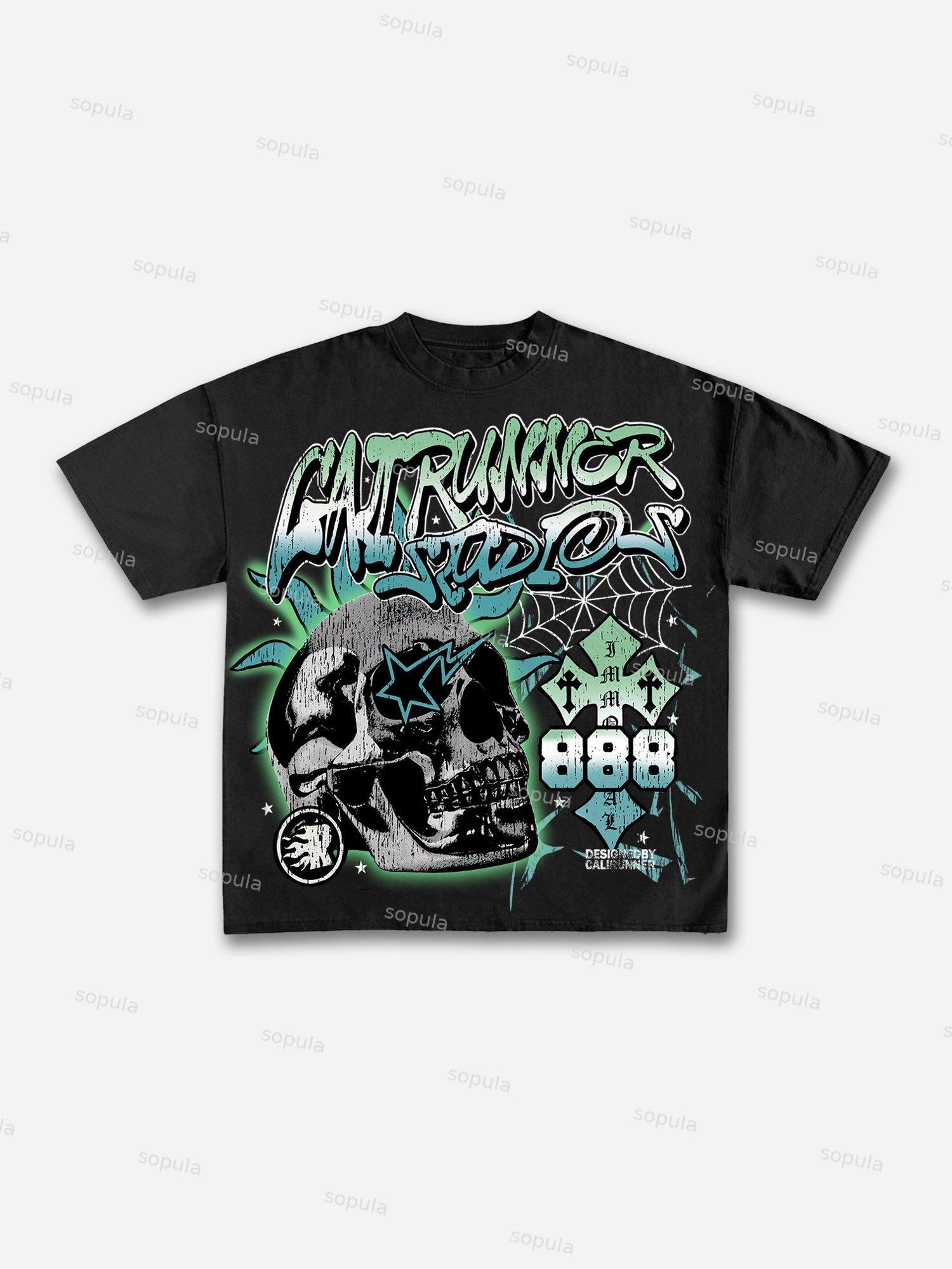 Mens Flame Abstract Skull Graphic Cotton T-Shirt Product Image