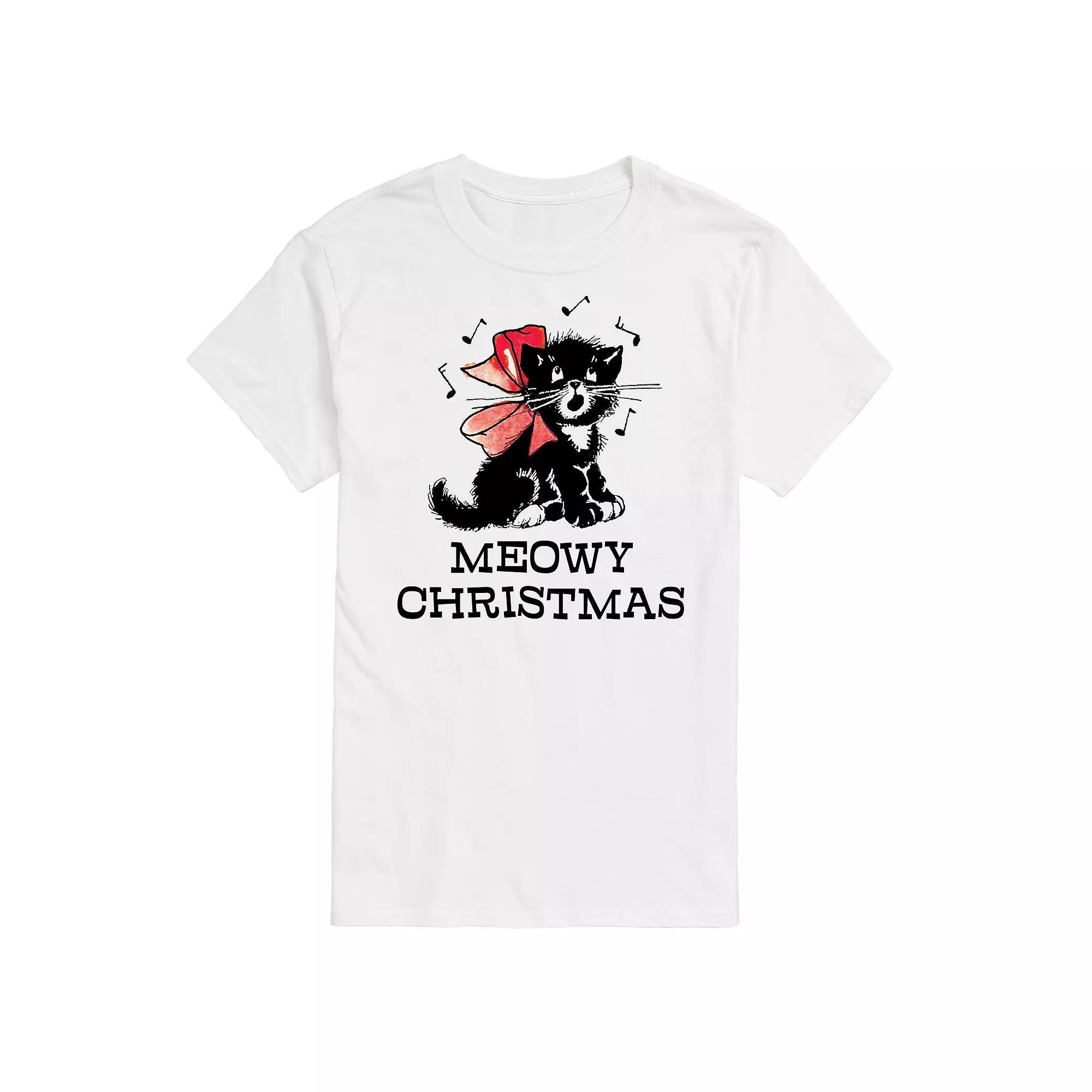 Men's Vintage Meowy Christmas Graphic Tee, Size: Small, White Product Image