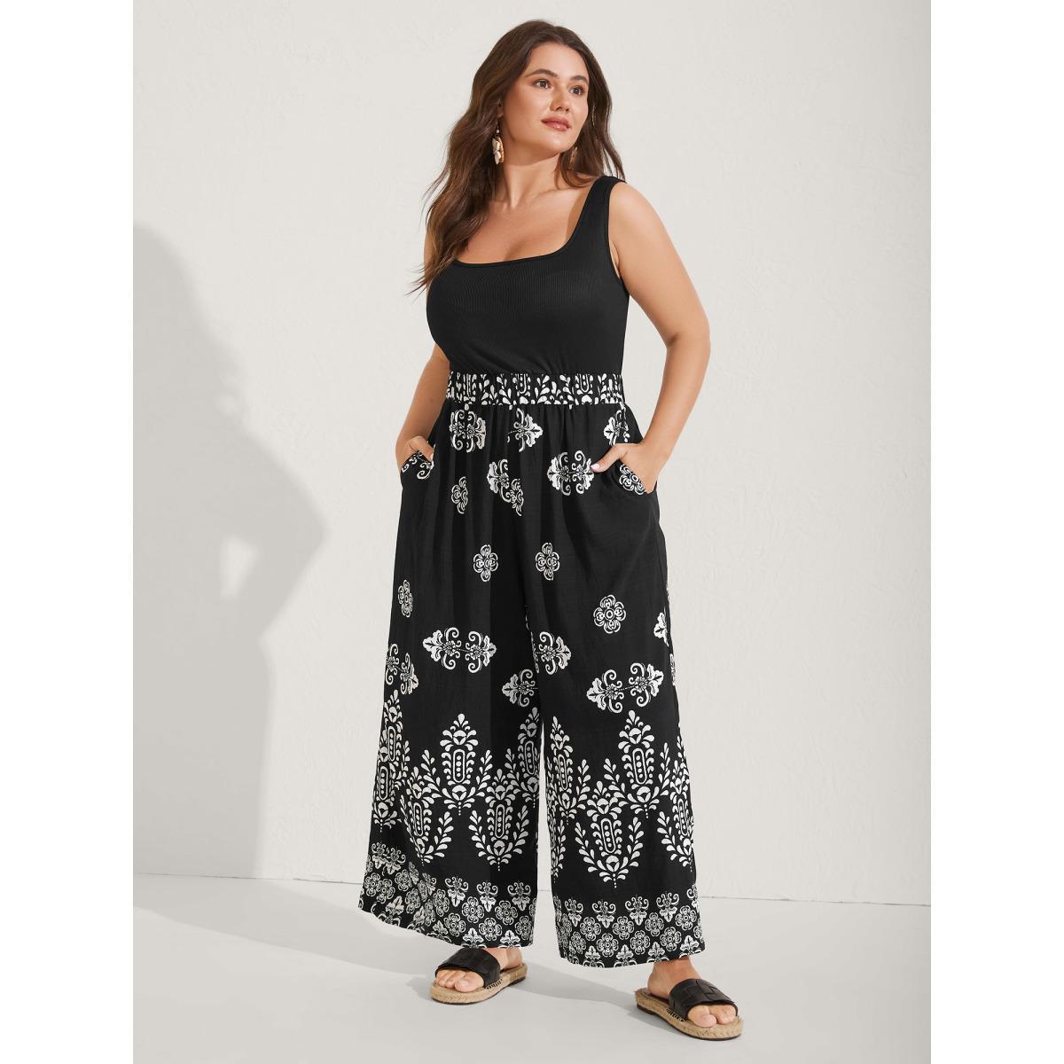 Plus Size Black Boho Print Color Contrast Flowy Jumpsuit Women Sleeveless Round Neck Vacation Loose Jumpsuits BloomChic 30/6X Product Image