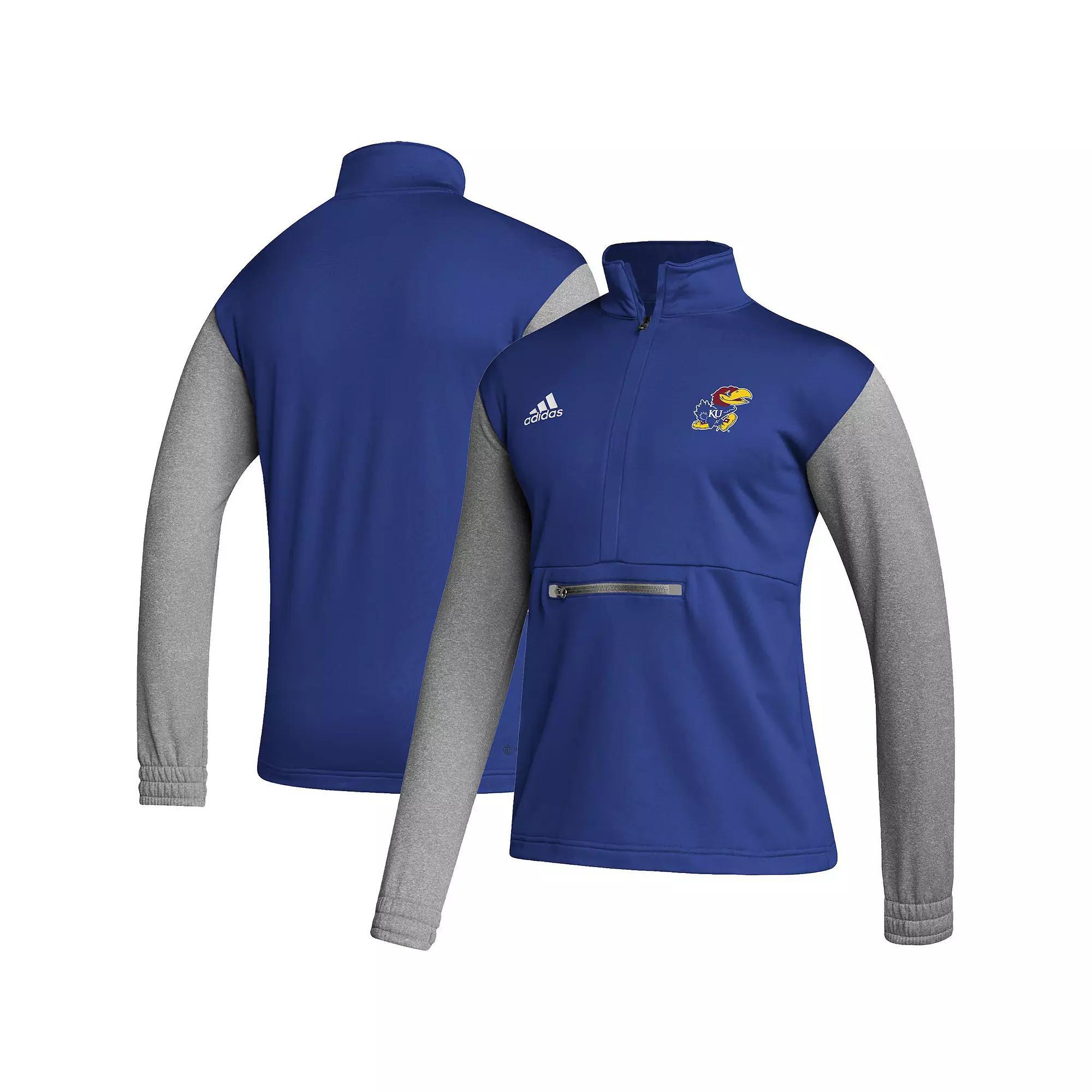 Men's adidas Royal/Heathered Gray Kansas Jayhawks Team AEROREADY Half-Zip Top,  Product Image