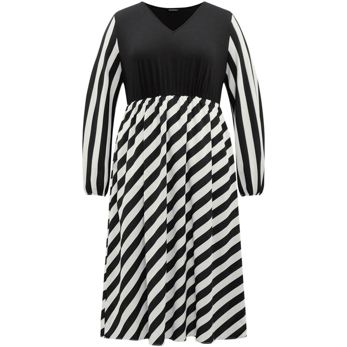 Plus Size Striped Patchwork Elastic Waist Lantern Sleeve Dress Black Women At the Office Elastic cuffs V-neck Long Sleeve Curvy Midi Dress BloomChic 26/4X Product Image