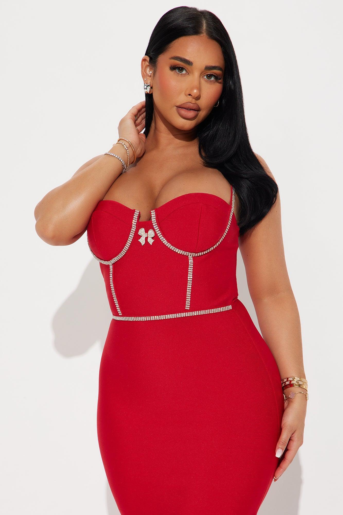 Lara Rhinestone Bandage Midi Dress - Red Product Image