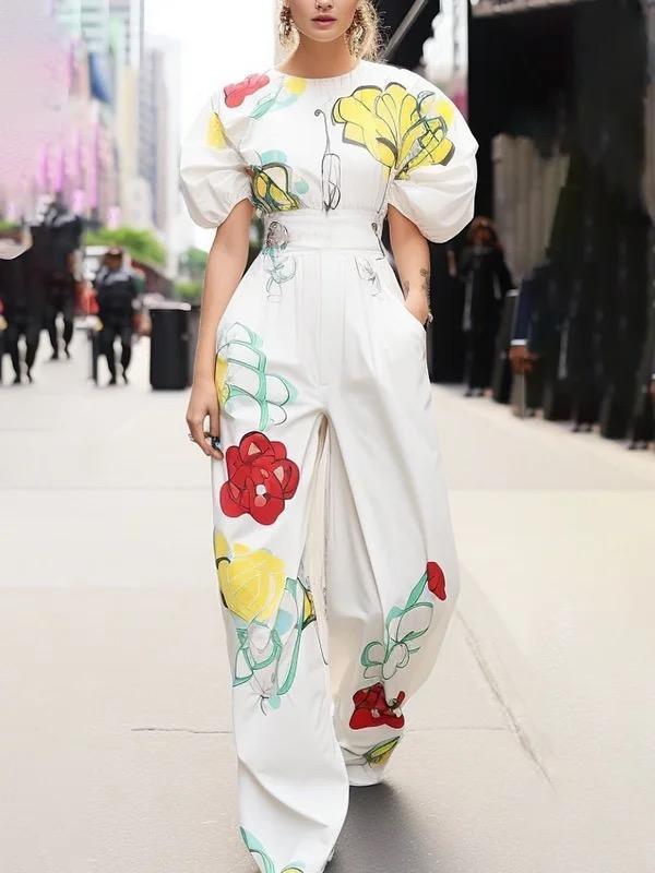 High Waisted Wide Leg Flower Print Pleated Pockets Pants Trousers Product Image