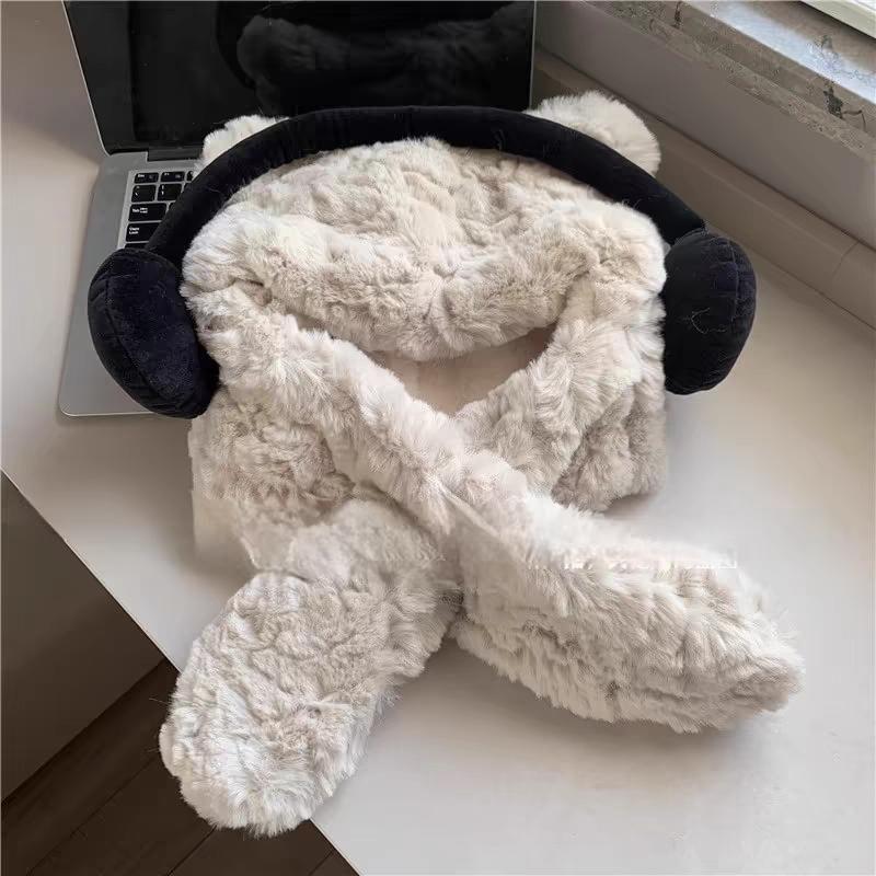 Bear Ear Fluffy Hooded Scarf / Ribbed Beanie Product Image