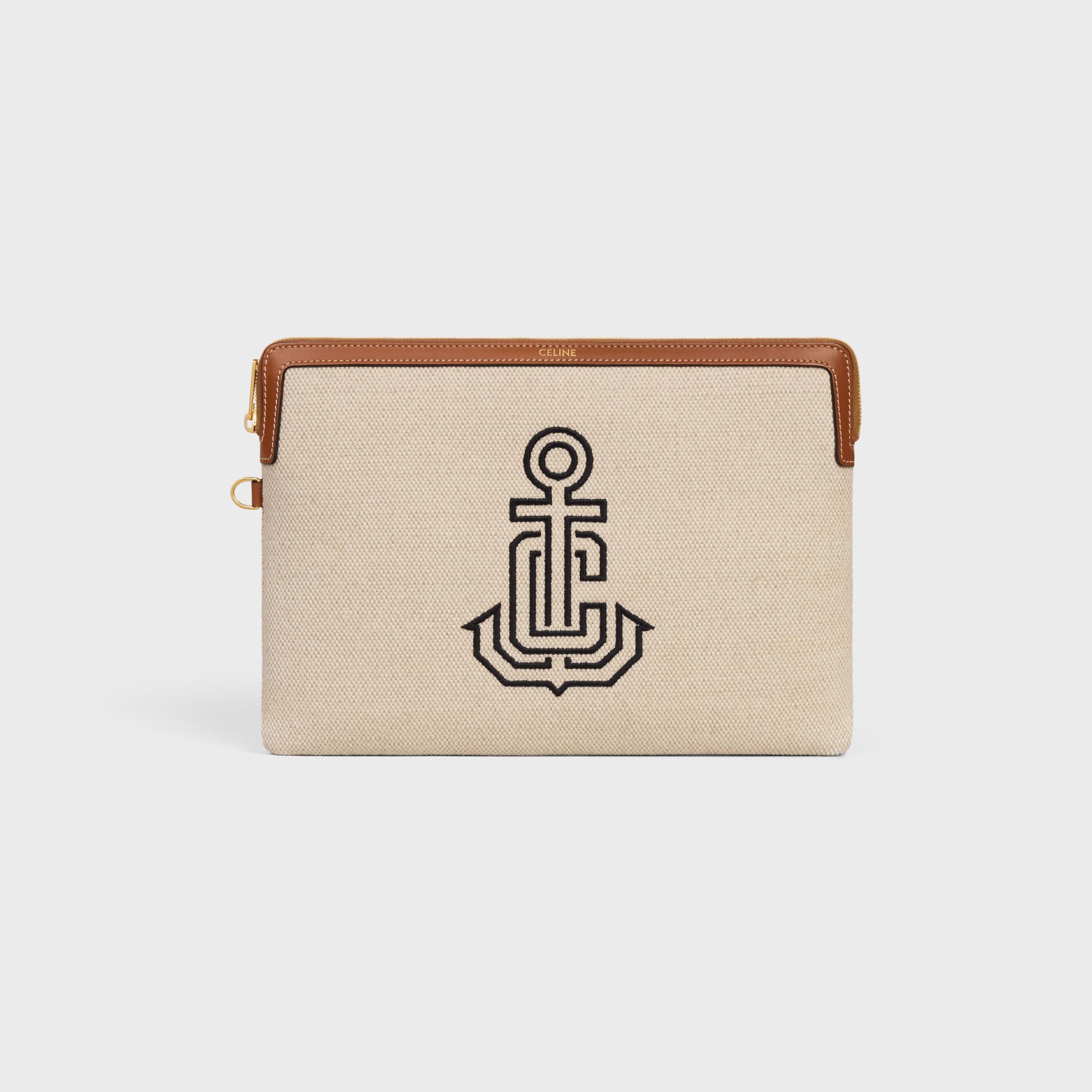 SMALL POUCH WITH STRAP IN TEXTILE WITH ANCHOR EMBROIDERY AND CALFSKIN Product Image