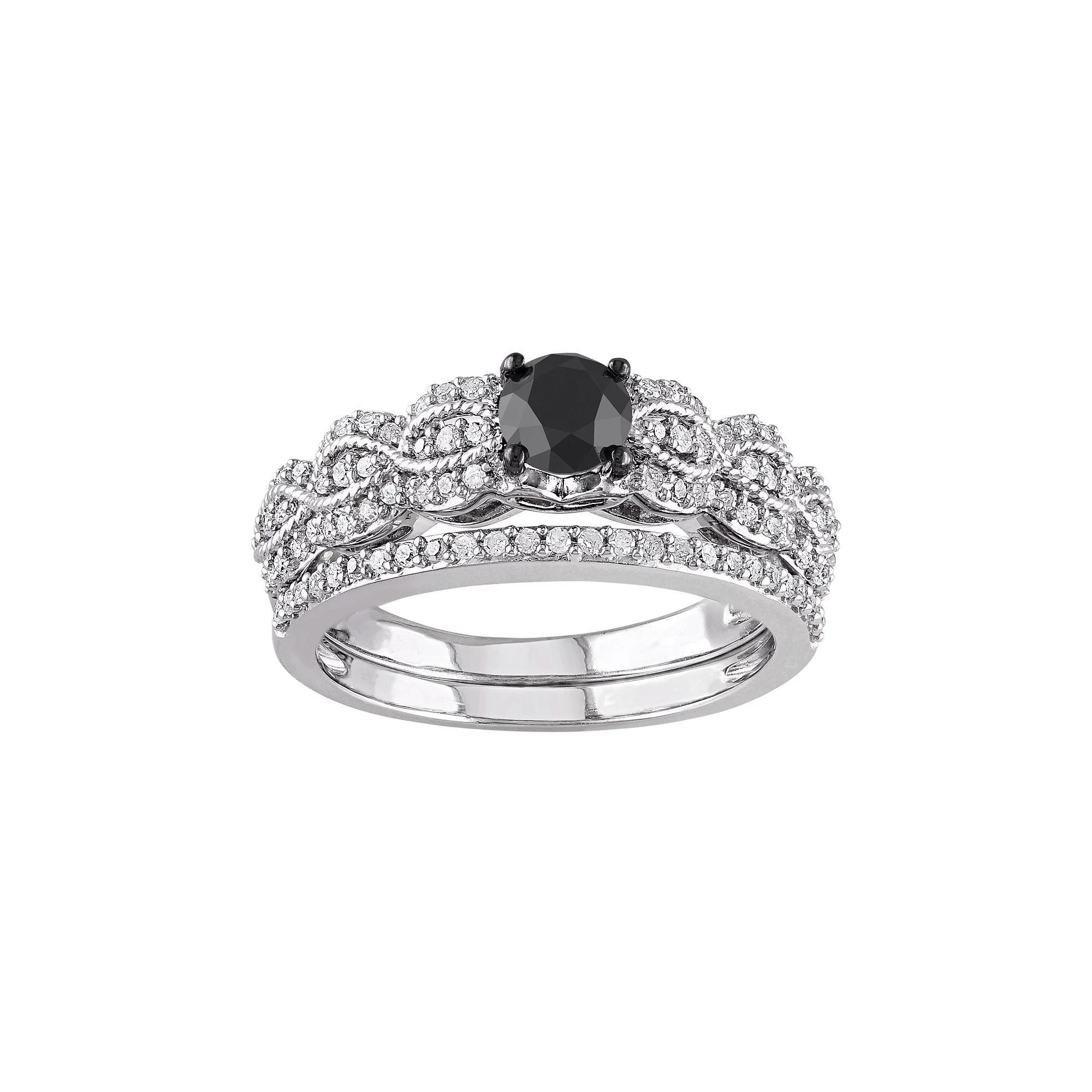 Stella Grace Black & White Diamond Scalloped Engagement Ring Set in Sterling Silver (1 Carat T.W.), Women's, Size: 7 Product Image