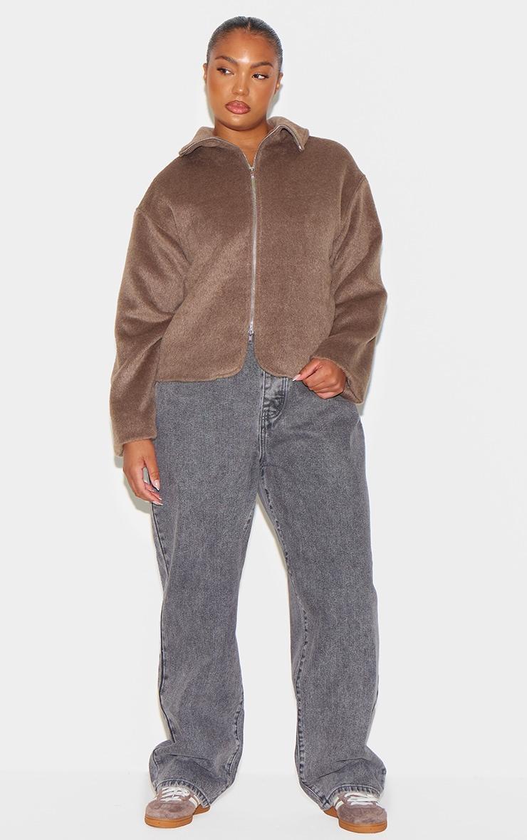 Plus Taupe Wool Look Wide Collar Zip Up Jacket Product Image