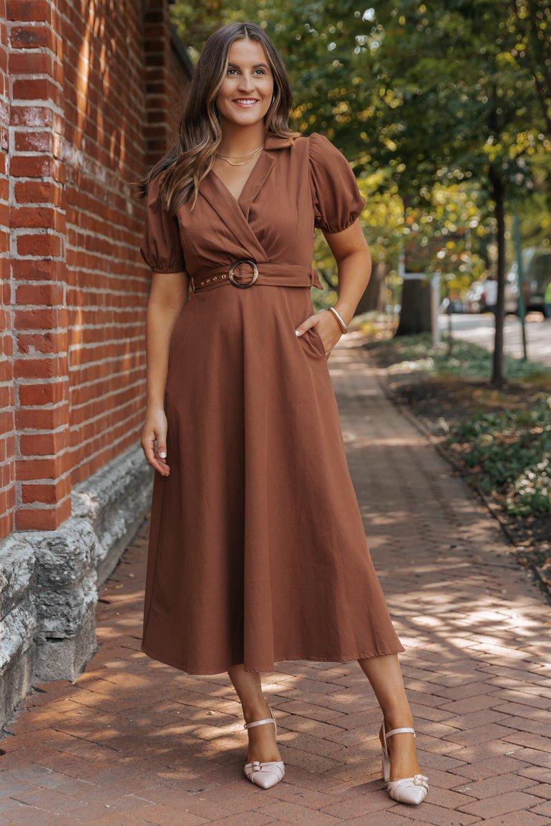 True Autumn Brown Belted Midi Dress - FINAL SALE Female Product Image