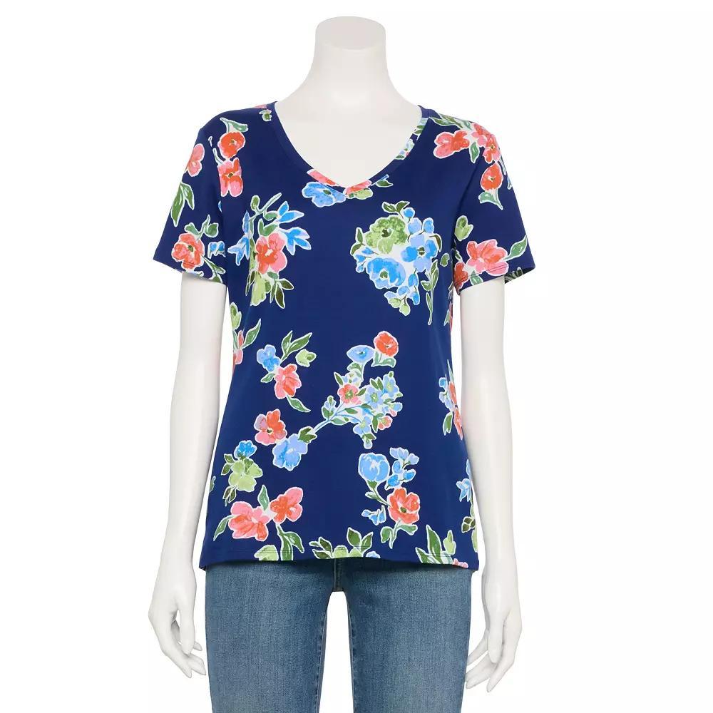 Petite Croft & Barrow® Essential V-Neck Tee, Women's, Size: XS Petite, Blue Floral Wash Product Image
