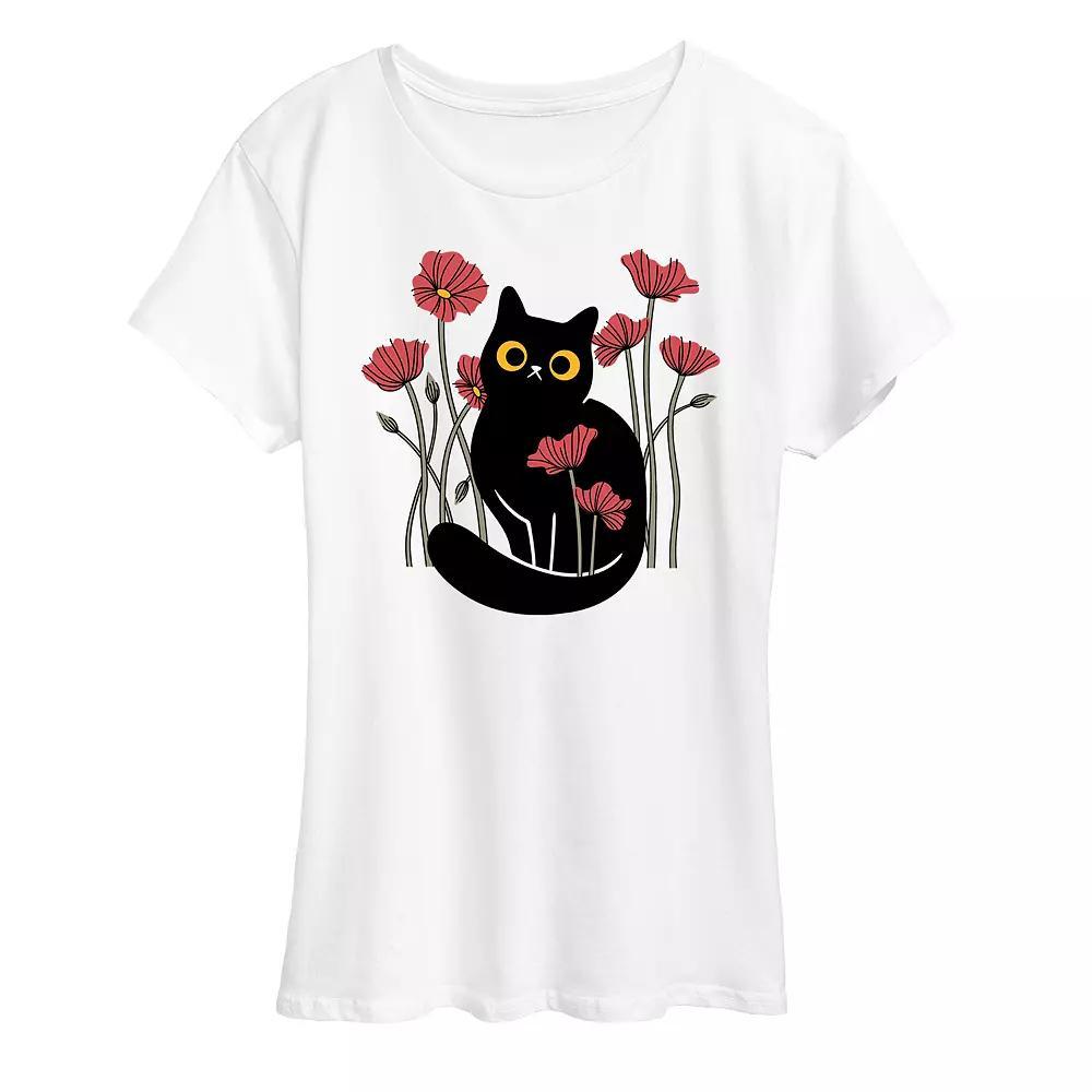 Women's Cat And Poppies Graphic Tee, Girl's, Size: Small, White Product Image