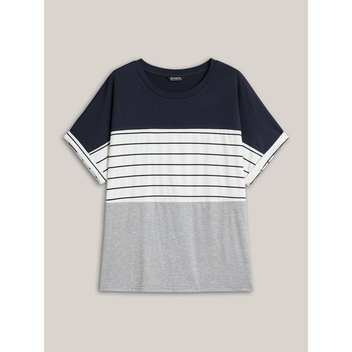 Plus Size Color-Block Stretchy Stripes T-Shirt DarkBlue Women Leisure Contrast Round Neck Casual T-shirts BloomChic 14-16/1X Product Image