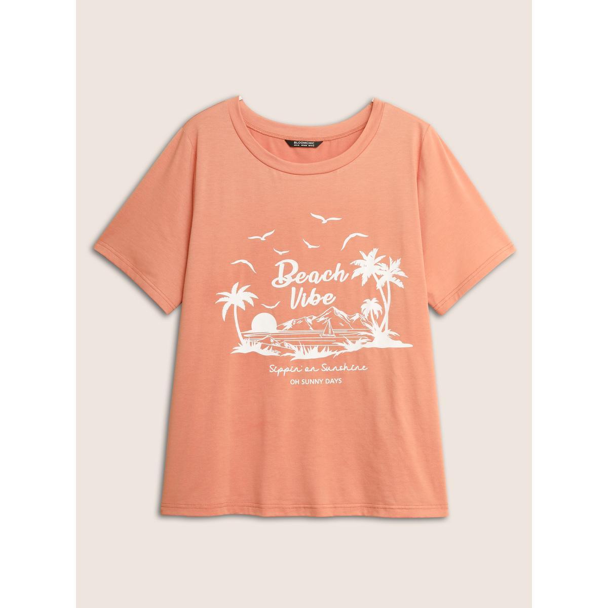 Plus Size Tropical Coconut Tree Print Round Neck T-shirt Salmon Women Resort Contrast Art&design Round Neck Vacation T-shirts BloomChic 18-20/2X Product Image