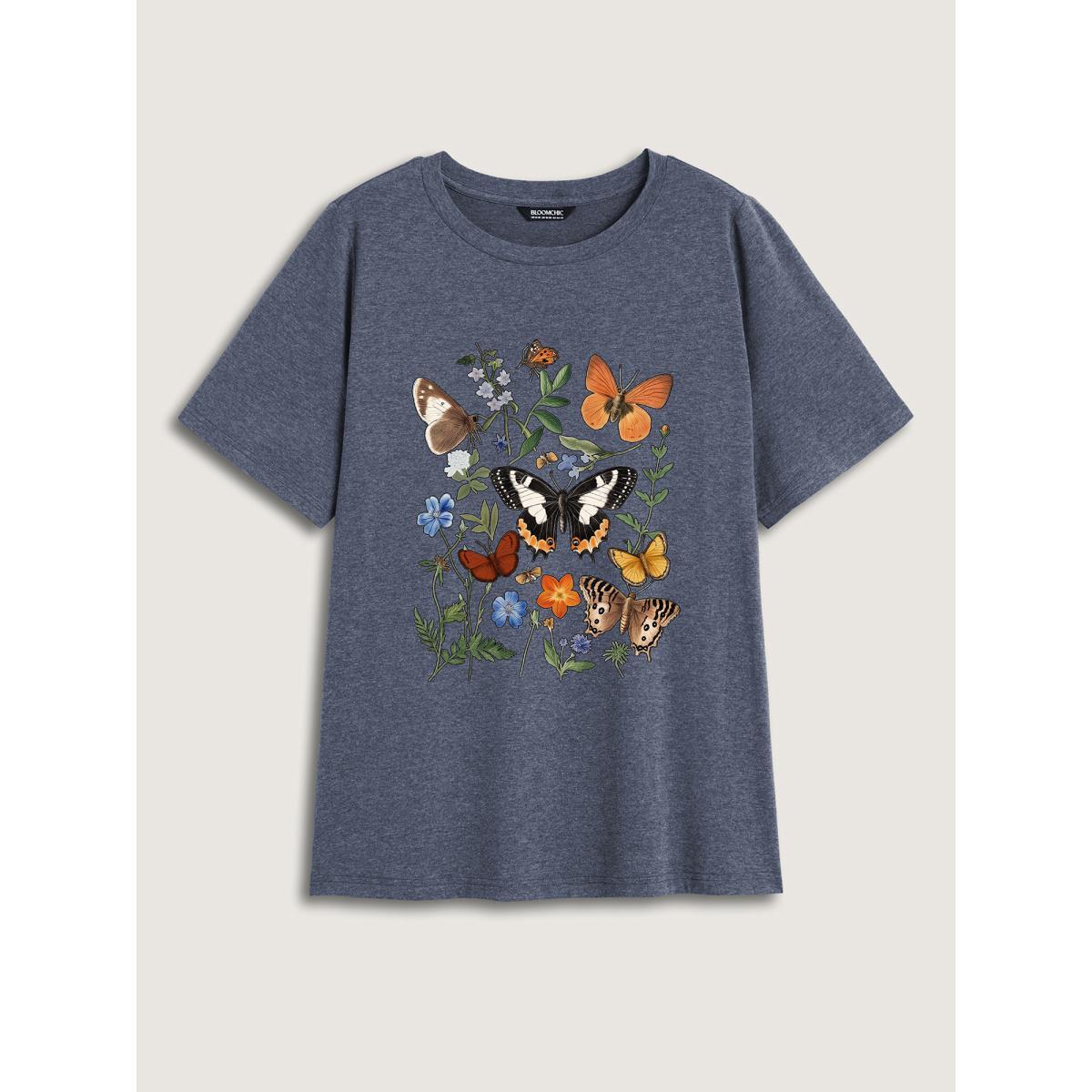 Plus Size Boho Floral Motif Round Neck T-Shirt Indigo Women Leisure Non Natural Flowers Round Neck Casual T-shirts BloomChic 28/5X Product Image