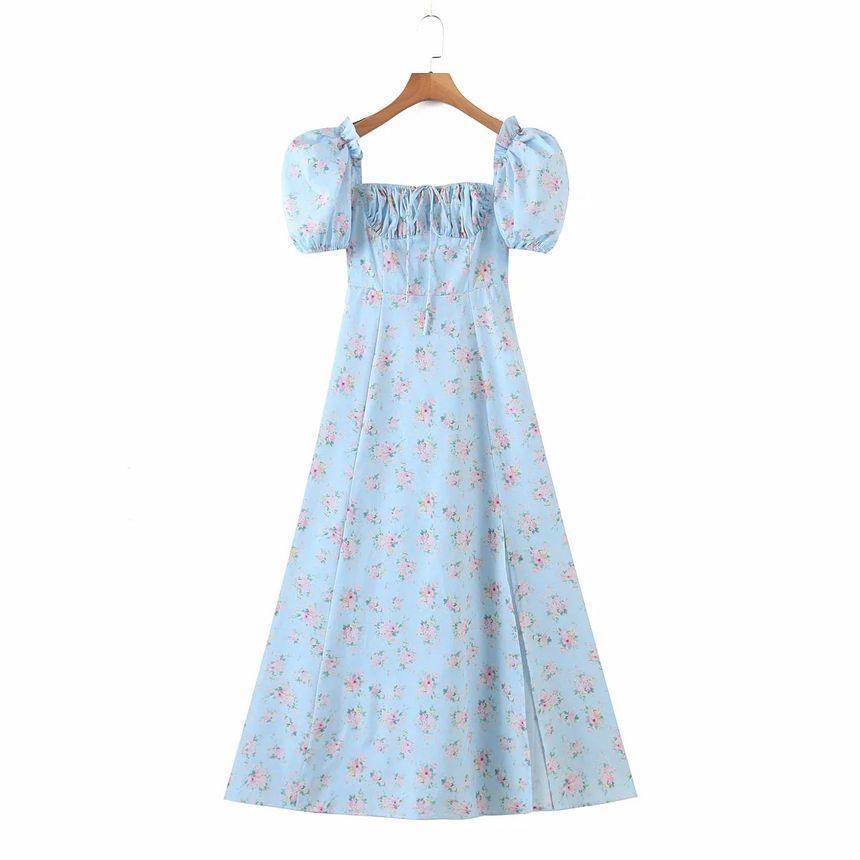 Cap-Sleeve Floral Print A-Line Dress Product Image