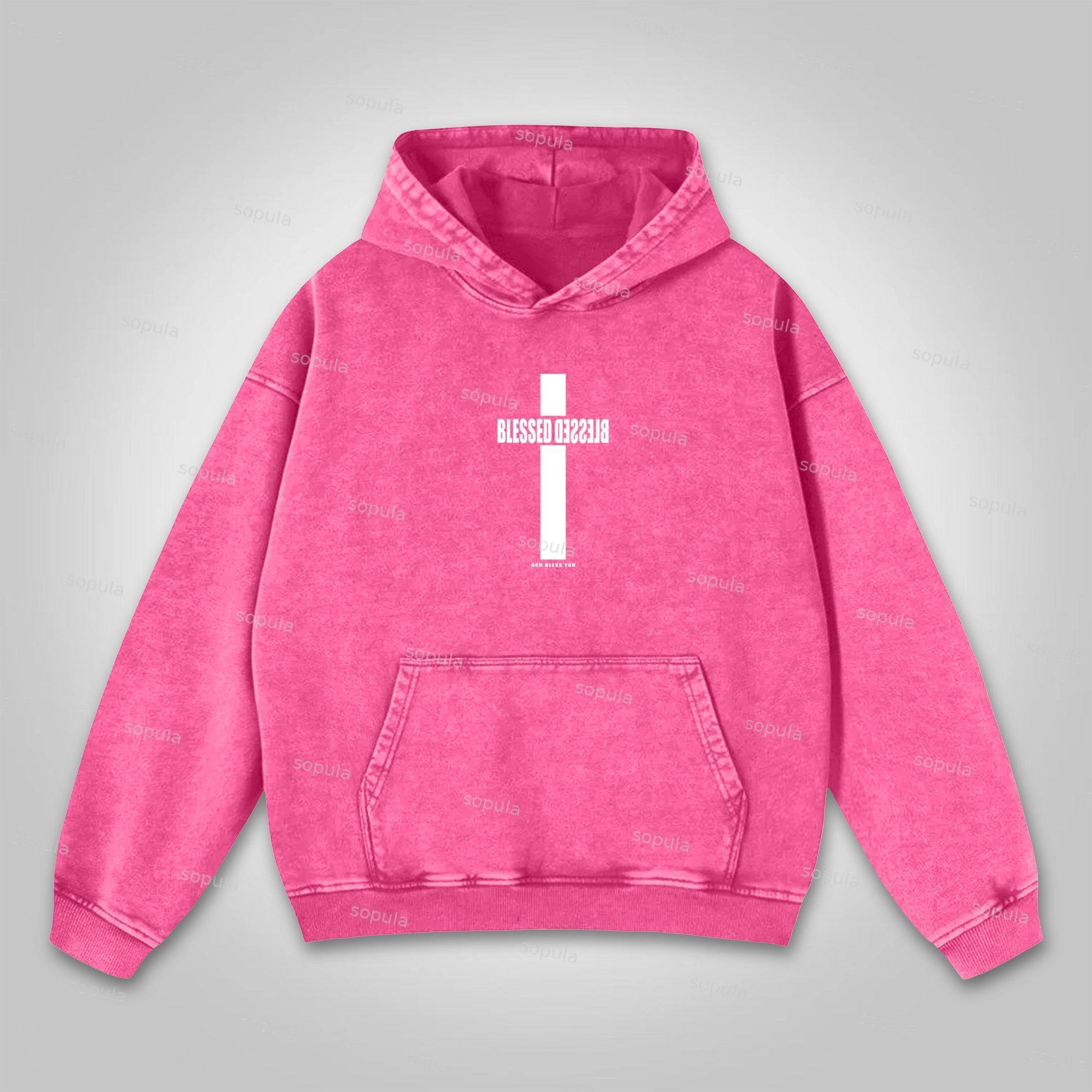 Sopula Vintage Blessed Cross God Bless You Graphic Washed Hoodie Product Image