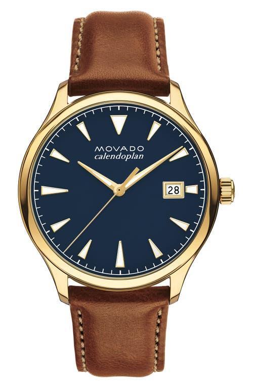 Movado Mens Heritage Quartz Analog Cognac Navy Dial Leather Strap Watch Product Image