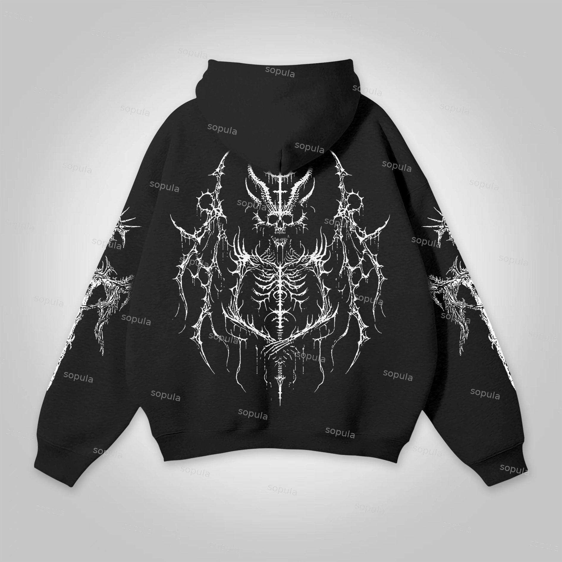 Sopula Vintage Holy Cross Skull Pattern Print Pocket Hoodie Product Image
