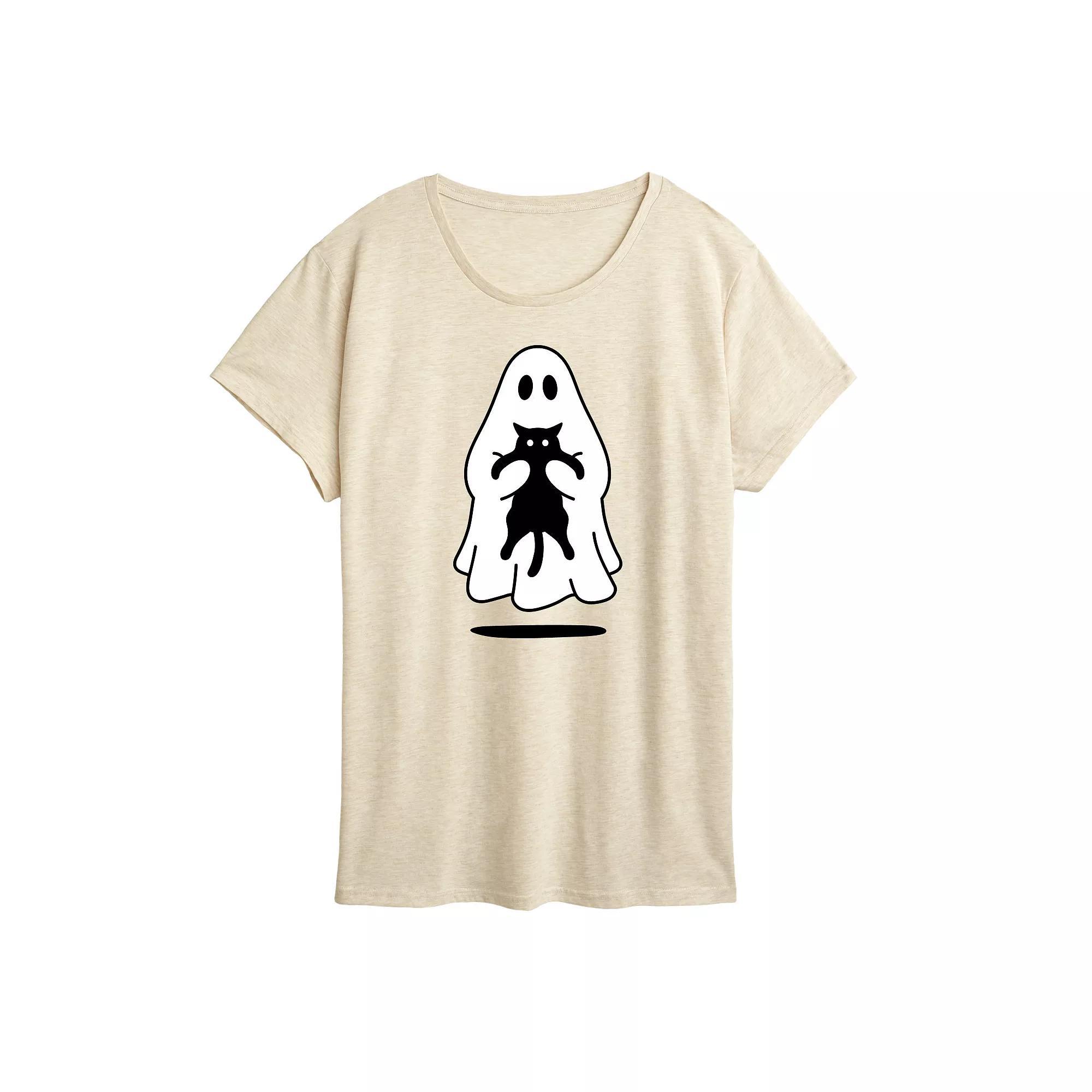 Women's Ghost Holding Black Cat Graphic Tee,  Product Image