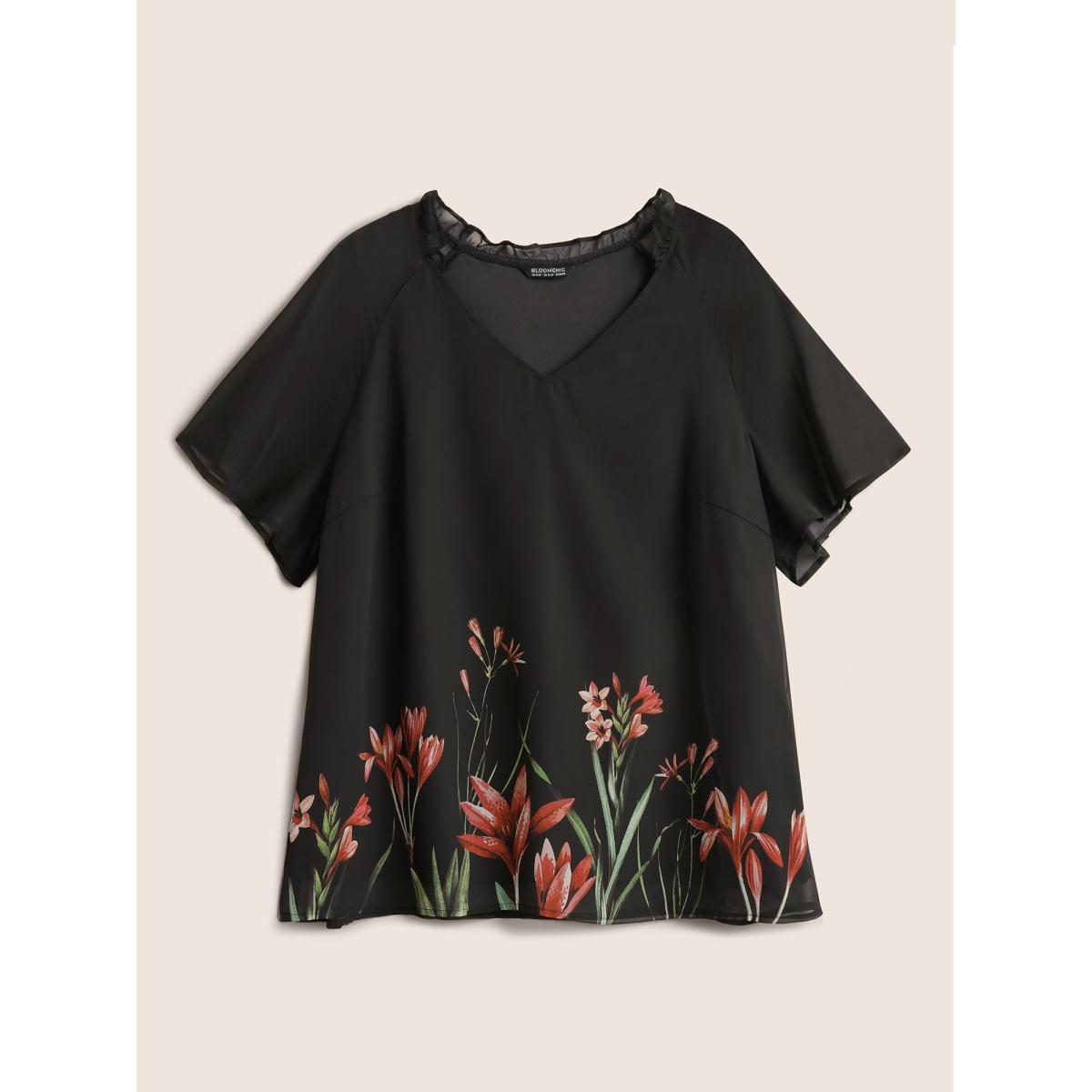 Plus Size Black Boho Print Mesh Patchwork Frill Trim Blouse Women Elegant Short sleeve V-neck Everyday Blouses BloomChic 12/L Product Image