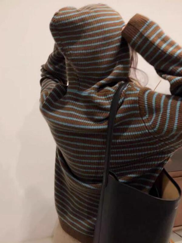 Hooded Stripe Lace Up Sweater Product Image