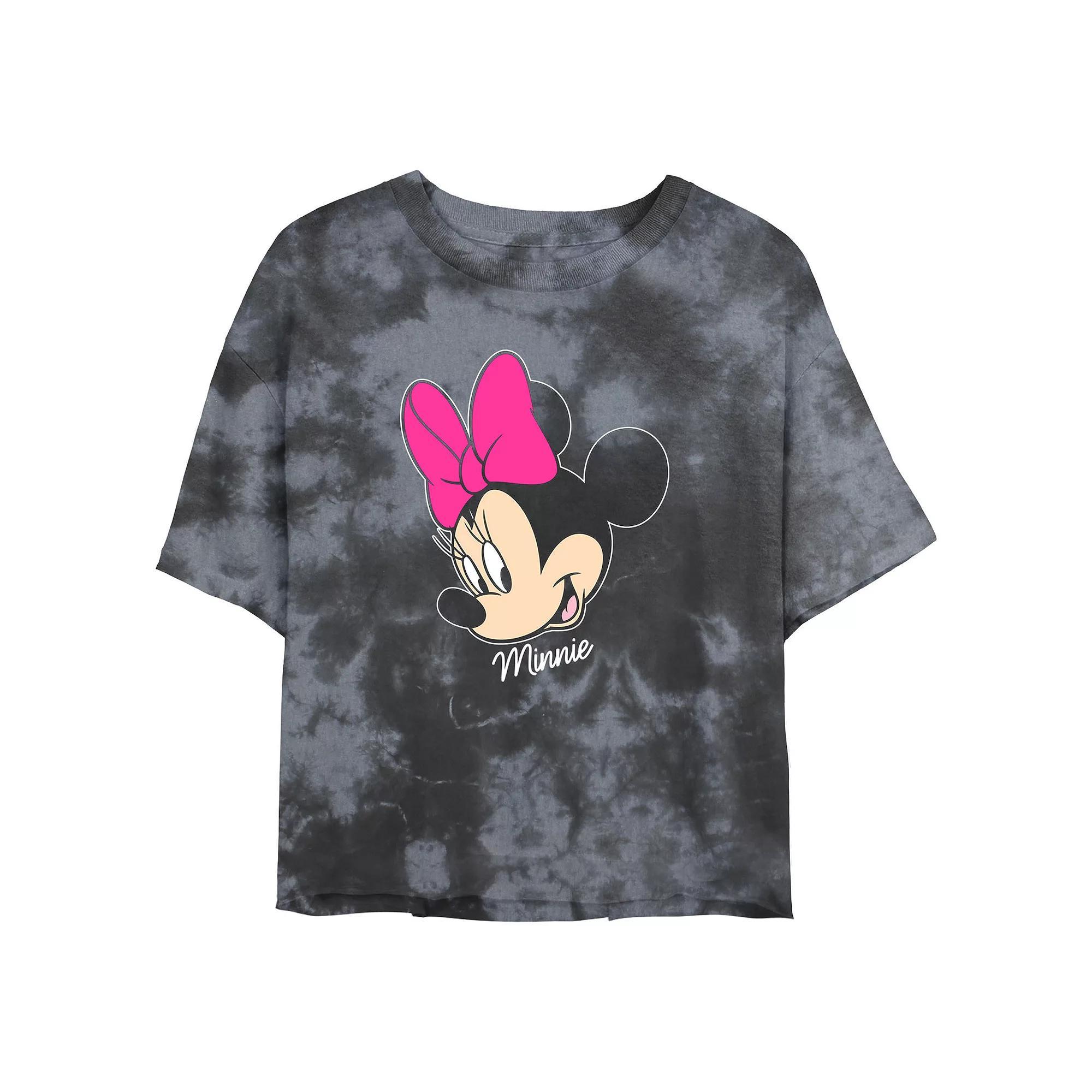 Disney's Minnie Mouse Juniors' Face Portrait Smile Wash Crop Tee, Girl's, Size: Medium, Black Grey Product Image