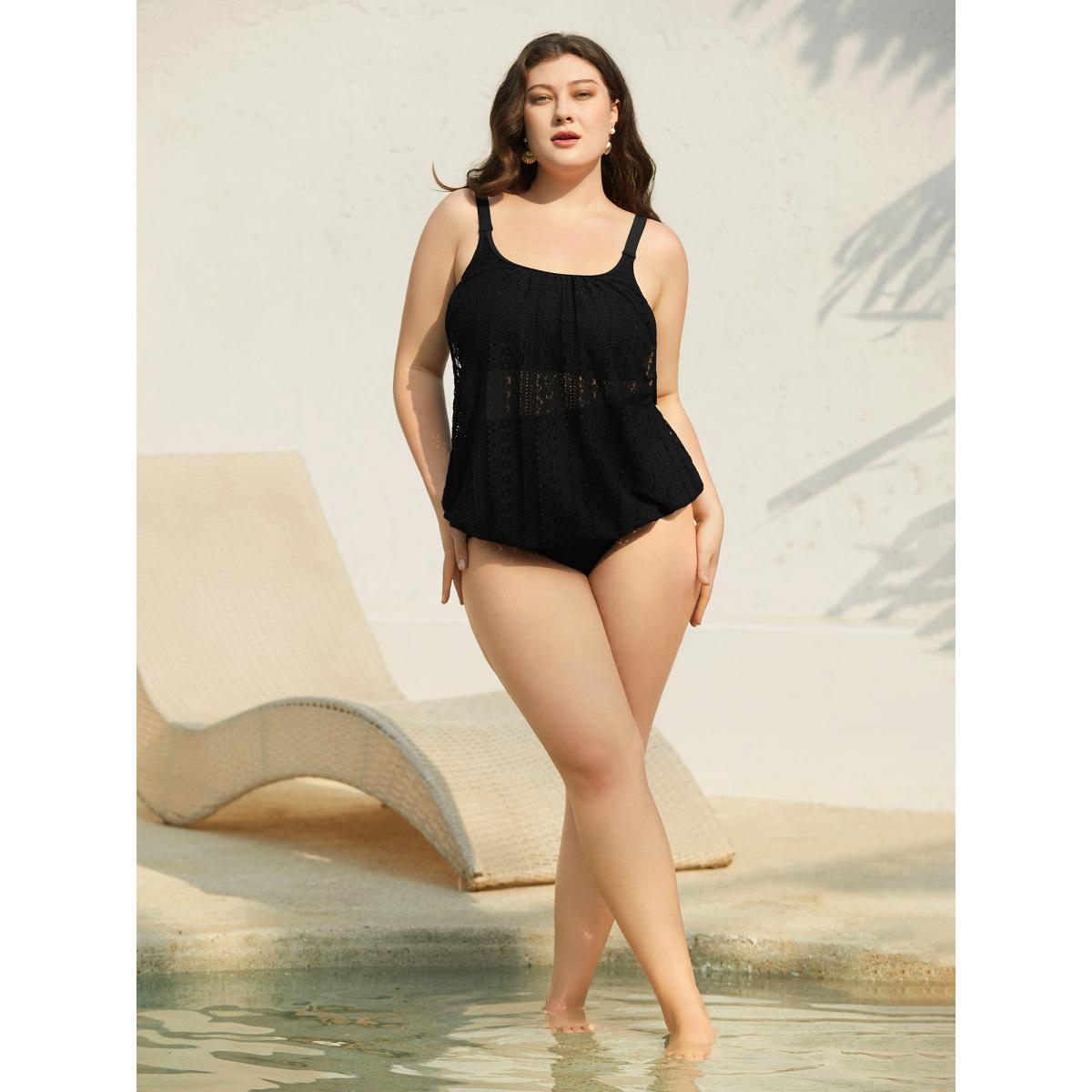 Plus Size Lace Cut-Out Round Neck Tiered Swim Top Women's Swimwear Black Beach Cut-Out High stretch Bodycon U-neck Curve Swim Tops BloomChic 28/5X Product Image