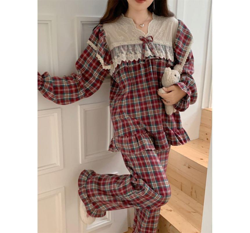 Couple Matching Plaid Pajama Shirt / Pants / Long-Sleeve Lace Trim Pajama Top / Set Product Image