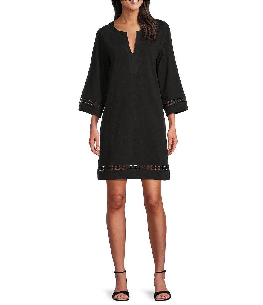 Tommy Bahama Sunset Harbor Solid Cotton Slub Jersey Split V-Neck Bell Sleeves Embroidered Trim A-Line Dress Product Image