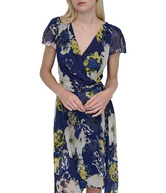 DKNY by Donna Karan Woven Floral Print V Neck Short Sleeve Faux Wrap Fit and Flare Dress Product Image