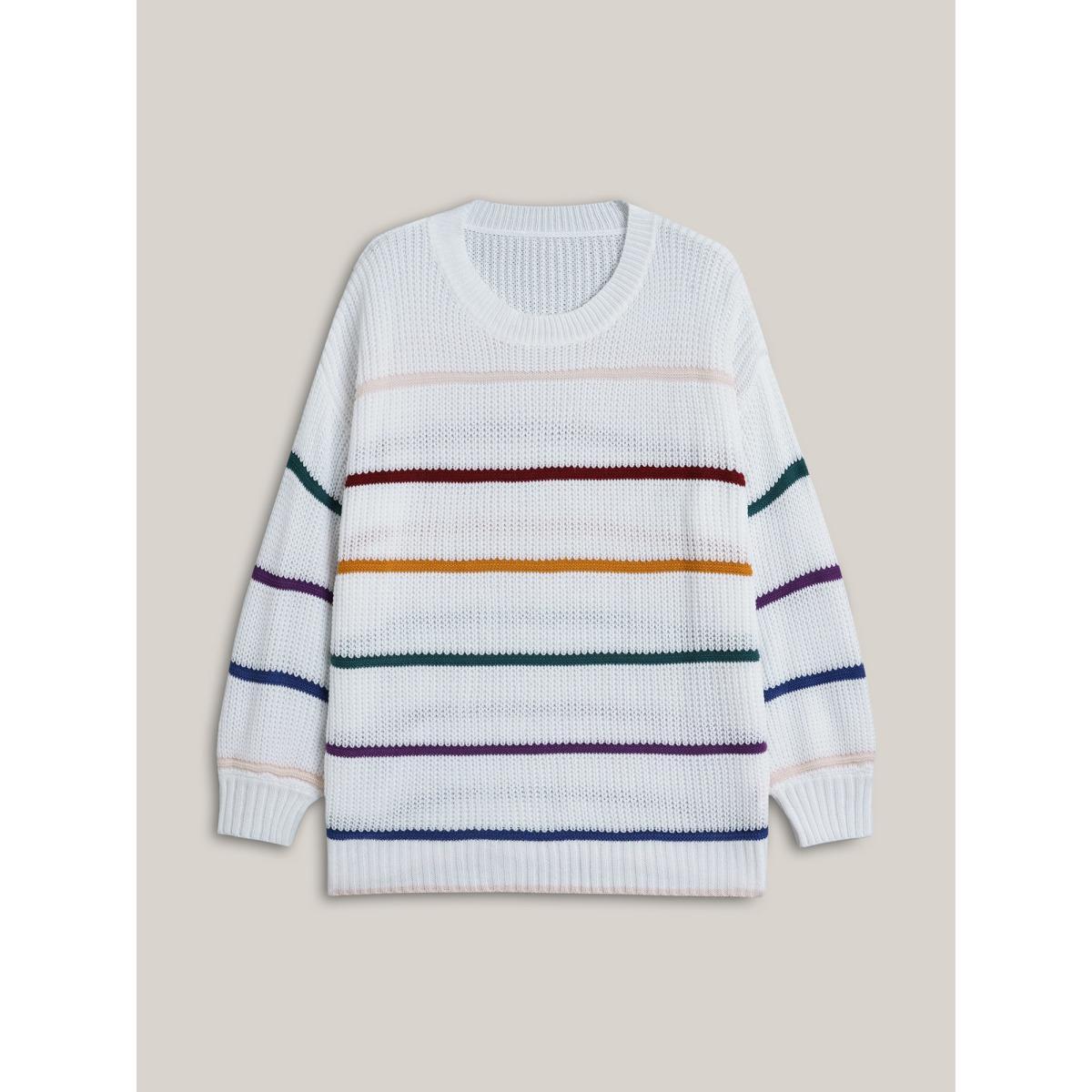 Plus Size Multi-Color Textured Balloon Sleeve Pullover Ivory Women Casual Loose Long Sleeve Round Neck Everyday Pullovers BloomChic 30/6X Product Image