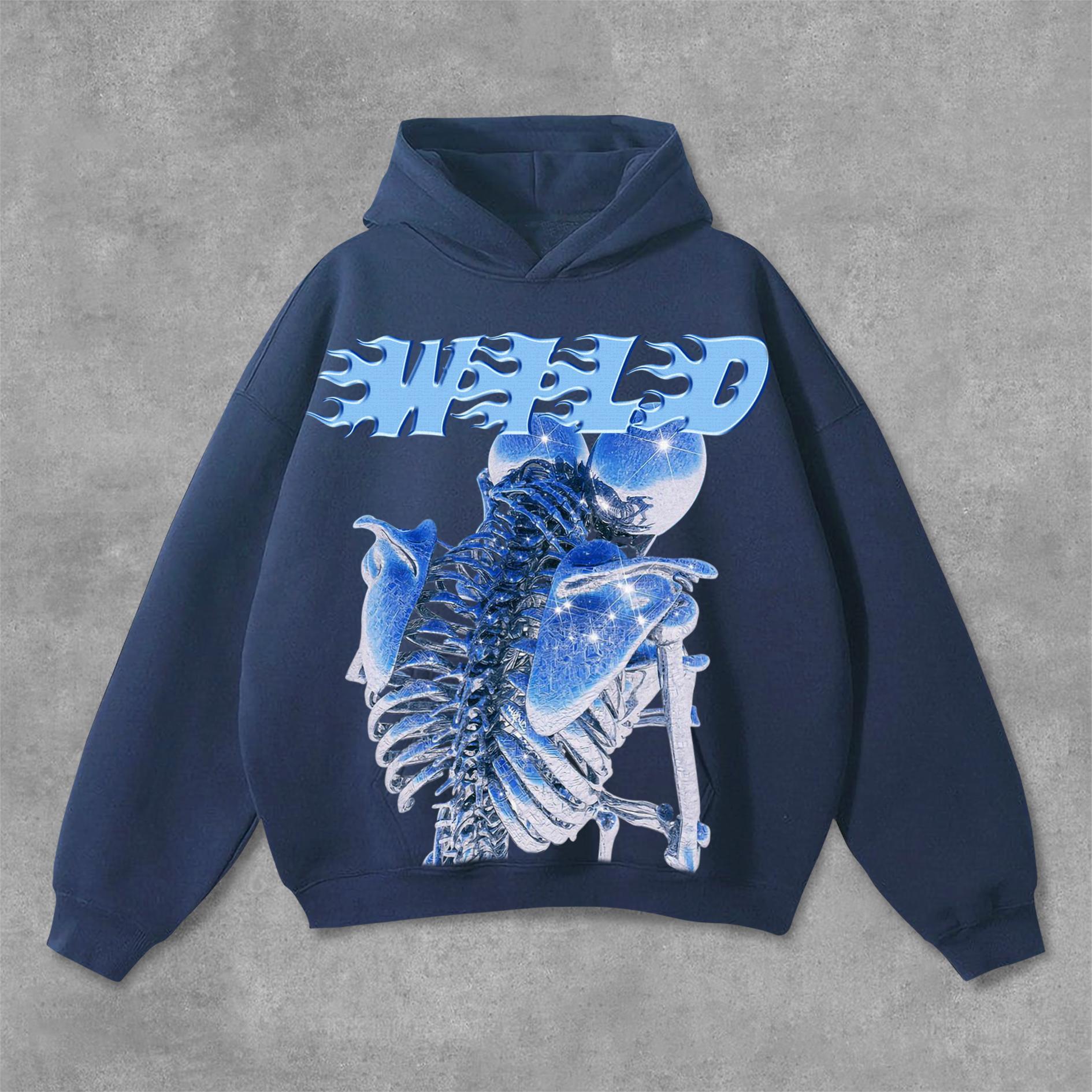 Hellstar Vintage Blue Skull Graphic Print Pocket Hoodie Product Image