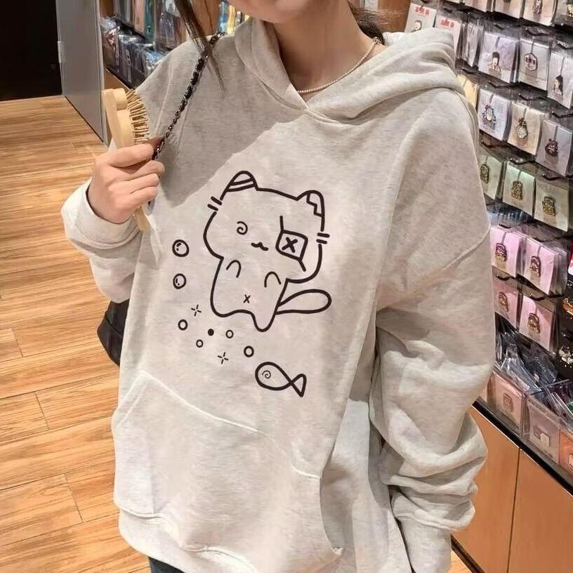 Cat Print Loose Fit Hoodie Product Image