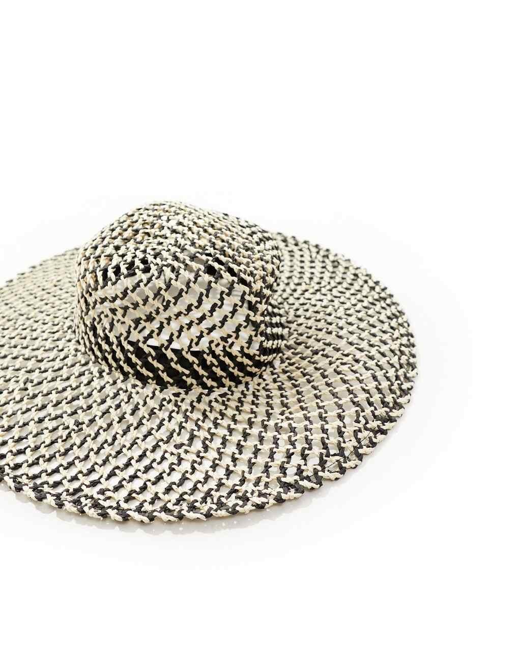 South Beach open weave wide brim hat in monochrome  Product Image