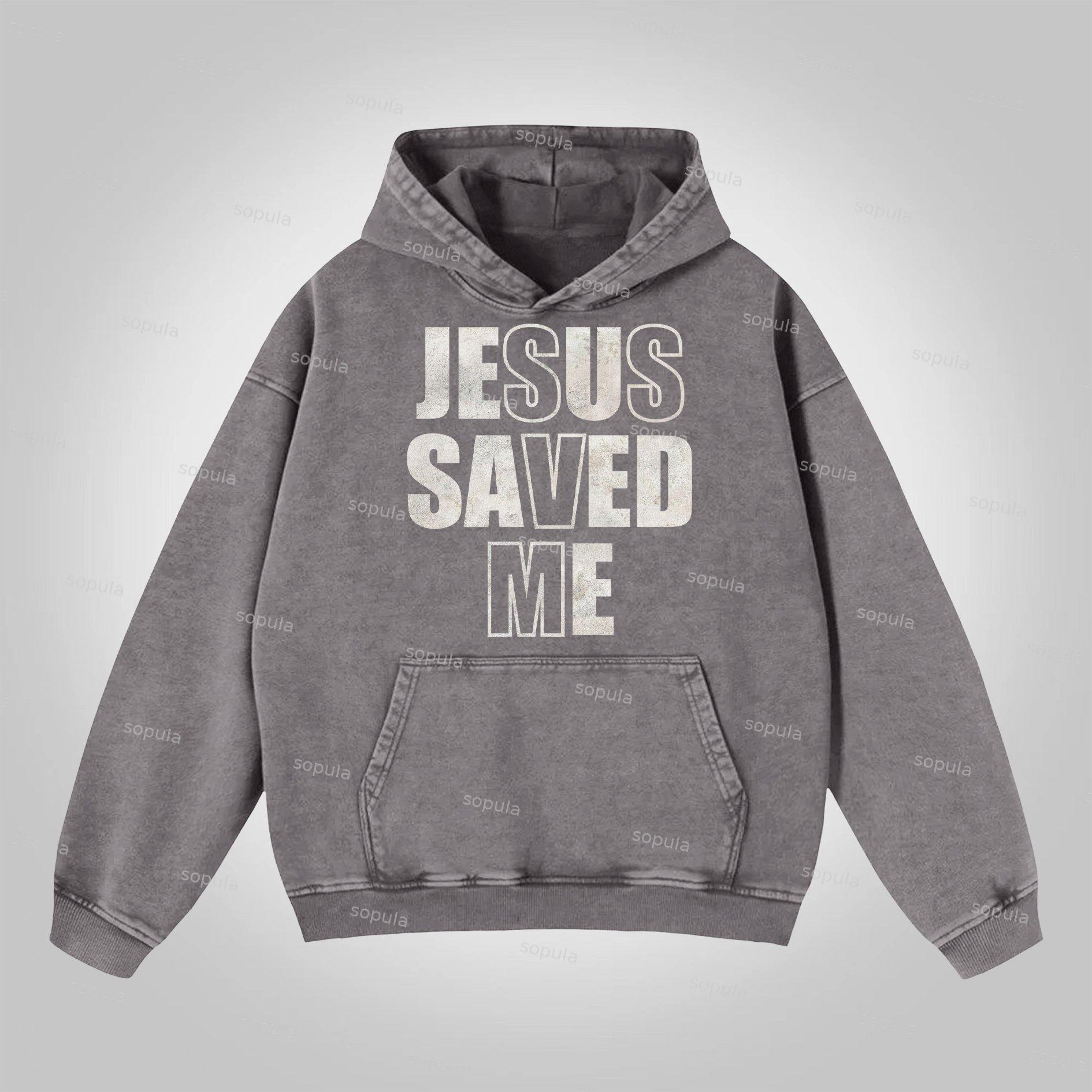 Sopula Jesus Saved Me Graphics Washed Distressed Pocket Hoodie Product Image