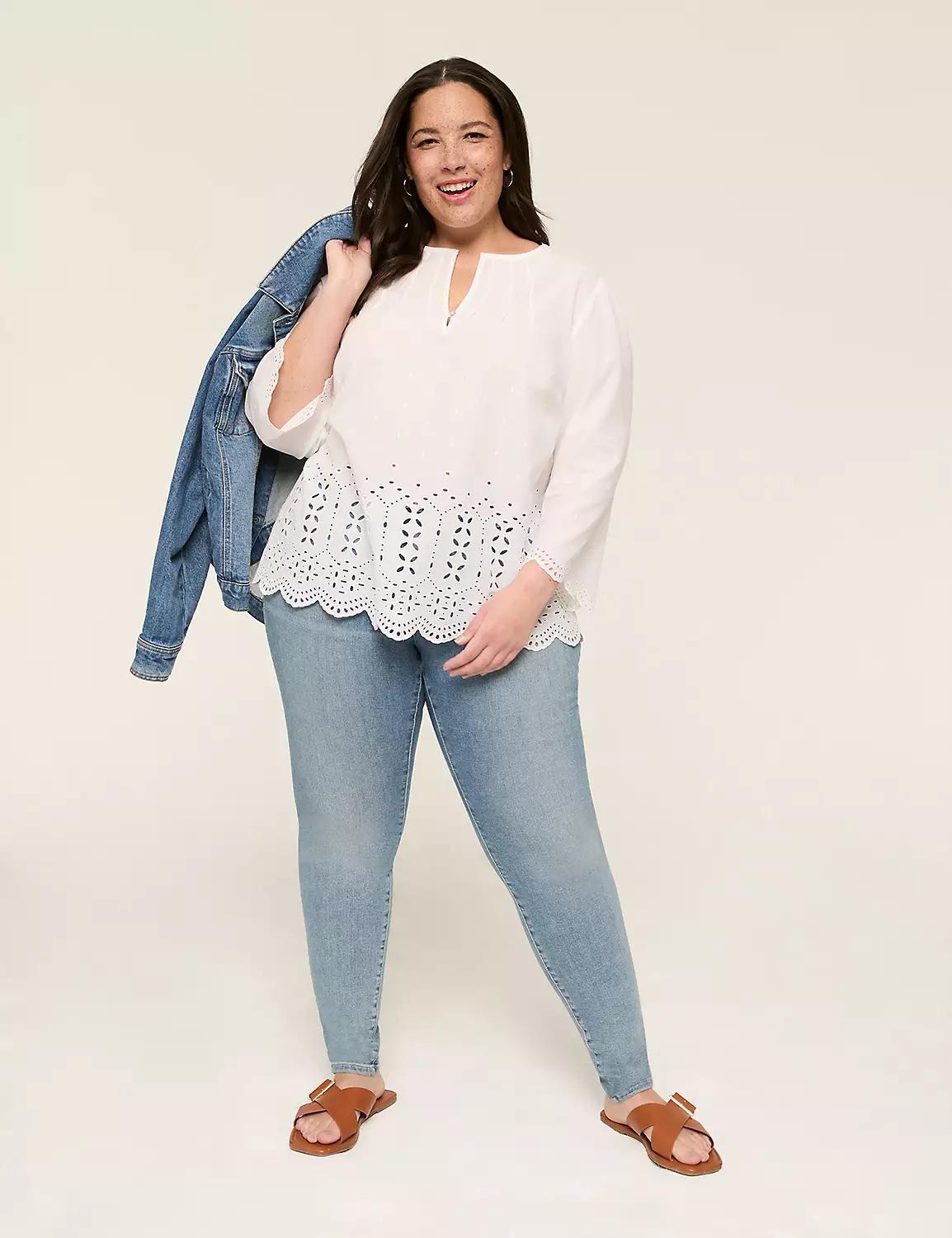 Eyelet 3/4-Sleeve Popover Blouse Product Image