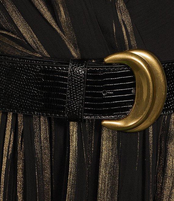 Donna Karan Halter V-Neck Sleeveless Belted Metallic Crinkle Chiffon Fit and Flare Midi Dress Product Image