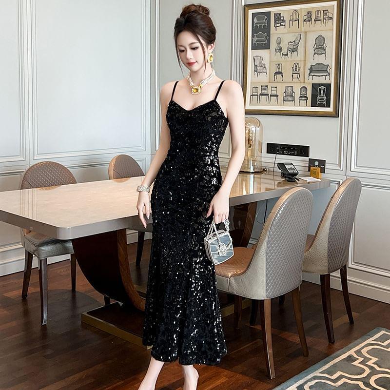 Spaghetti Strap Plain Sequin Midi Mermaid Dress Product Image