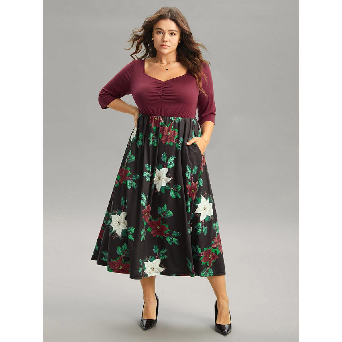 Plus Size Floral Patchwork Elastic Waist Ruched Dress Scarlet Women Office Gathered Square Neck Long Sleeve Curvy Midi Dress BloomChic 30/6X Product Image