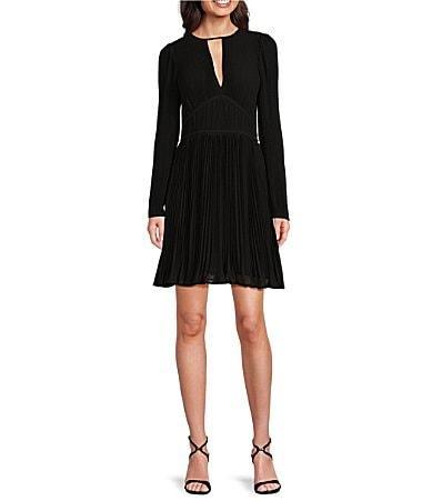 MICHAEL Michael Kors Solid Eco Poly Keyhole V-Neck Elastic Sleeve Cuff Fit  Flare Dress Product Image