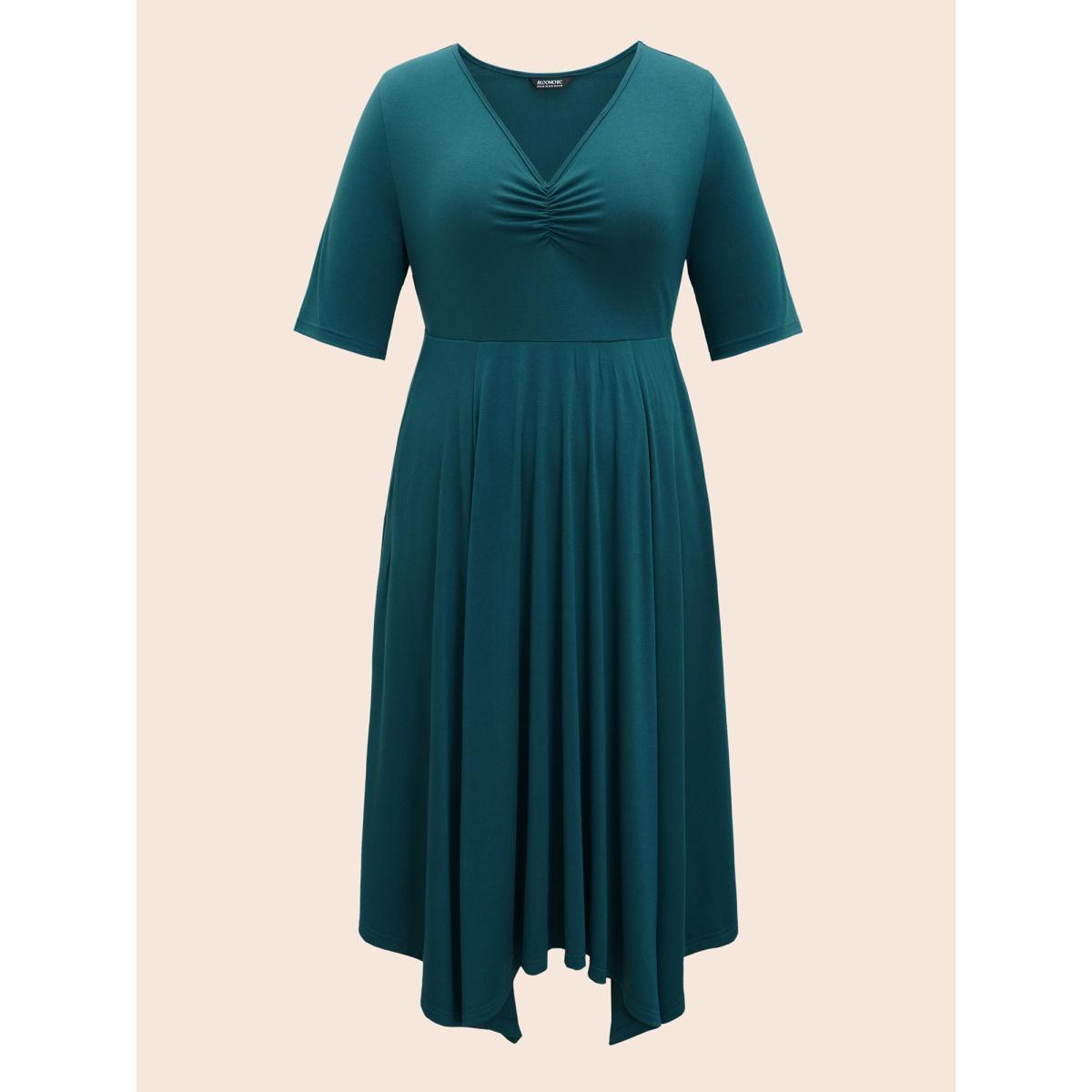 Plus Size Solid Ruched Pocket Asymmetrical Hem Dress Cerulean Women Elegant Gathered V-neck Short sleeve Curvy Midi Dress BloomChic 28/5X Product Image