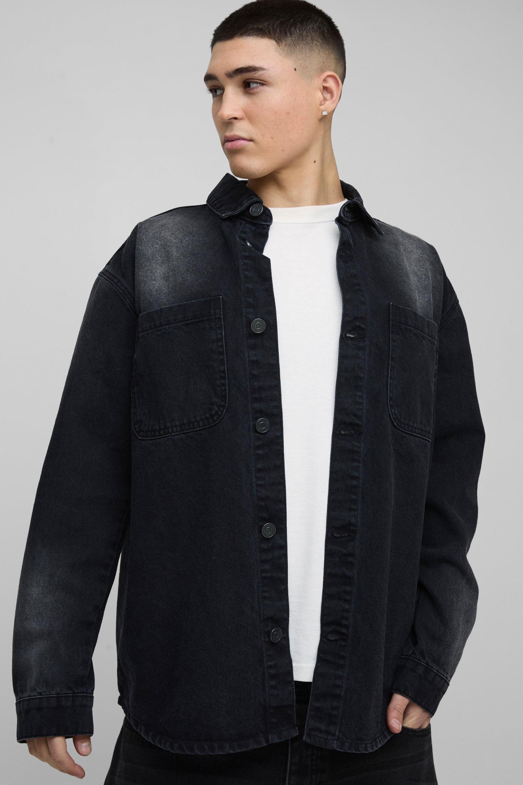 Oversized Acid Wash Applique Denim Shirt | boohooMAN USA Product Image