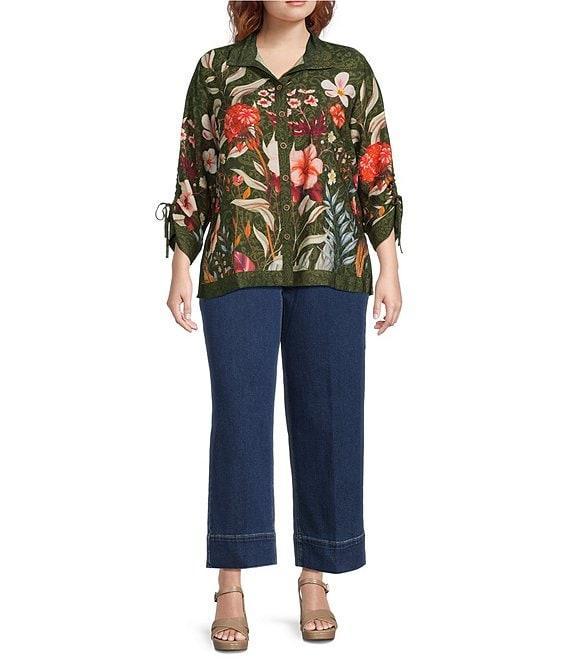 John Mark Plus Size Floral Print Wire Collar 3/4 Cinched Tie Sleeve Button Front Shirt Product Image