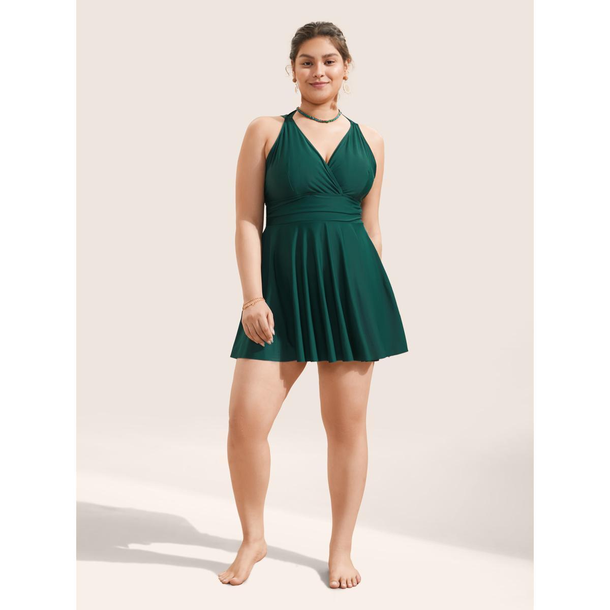 Plus Size Solid Ruffle Hem Empire Waist Halter Neck Swim Dress Women's Swimwear DarkGreen Resort Bodycon Halter neck High stretch Curve Swim Dresses BloomChic 22-24/3X Product Image