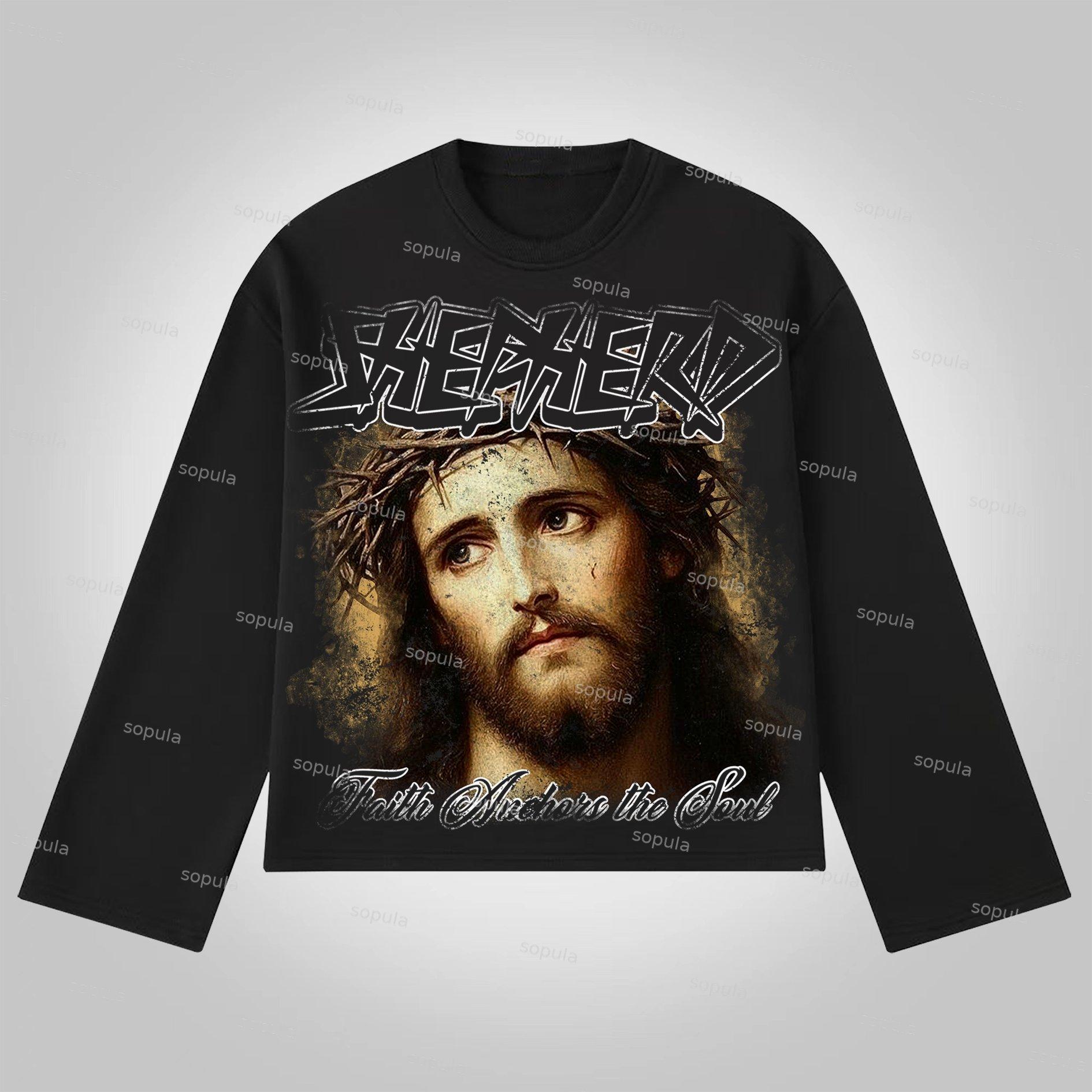 Sopula Jesus Vintage Graphics Cotton Long Sleeve T-Shirt Product Image