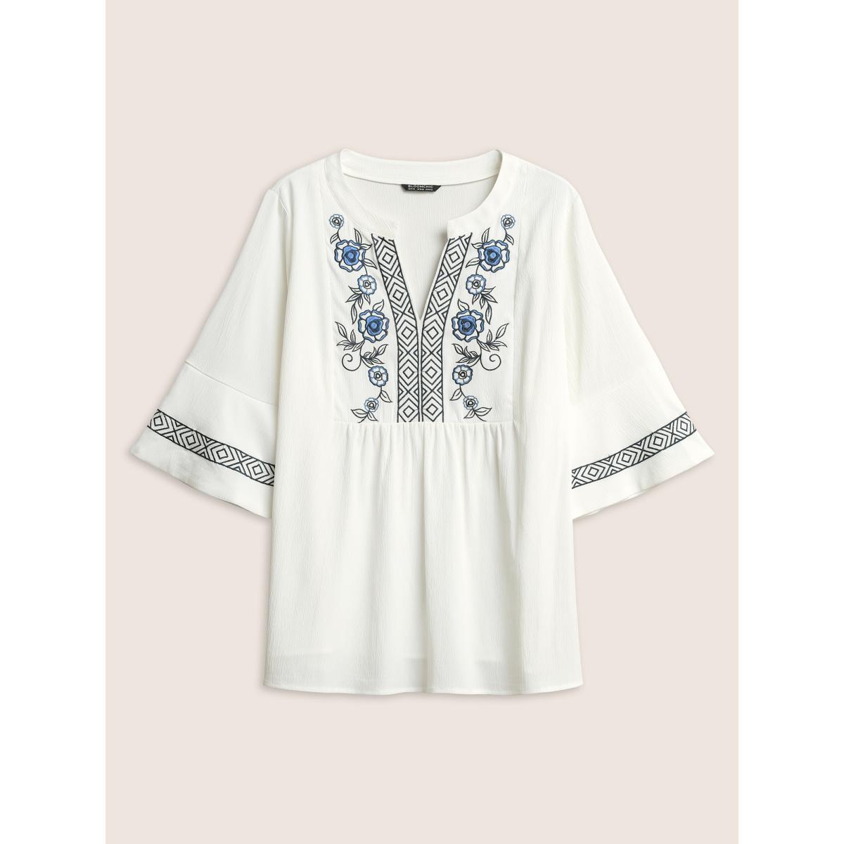 Plus Size Ivory Boho Print Embroidered Gathered Notched Blouse Women Resort Half Sleeve Flat collar with V-notch Vacation Blouses BloomChic 26/4X Product Image