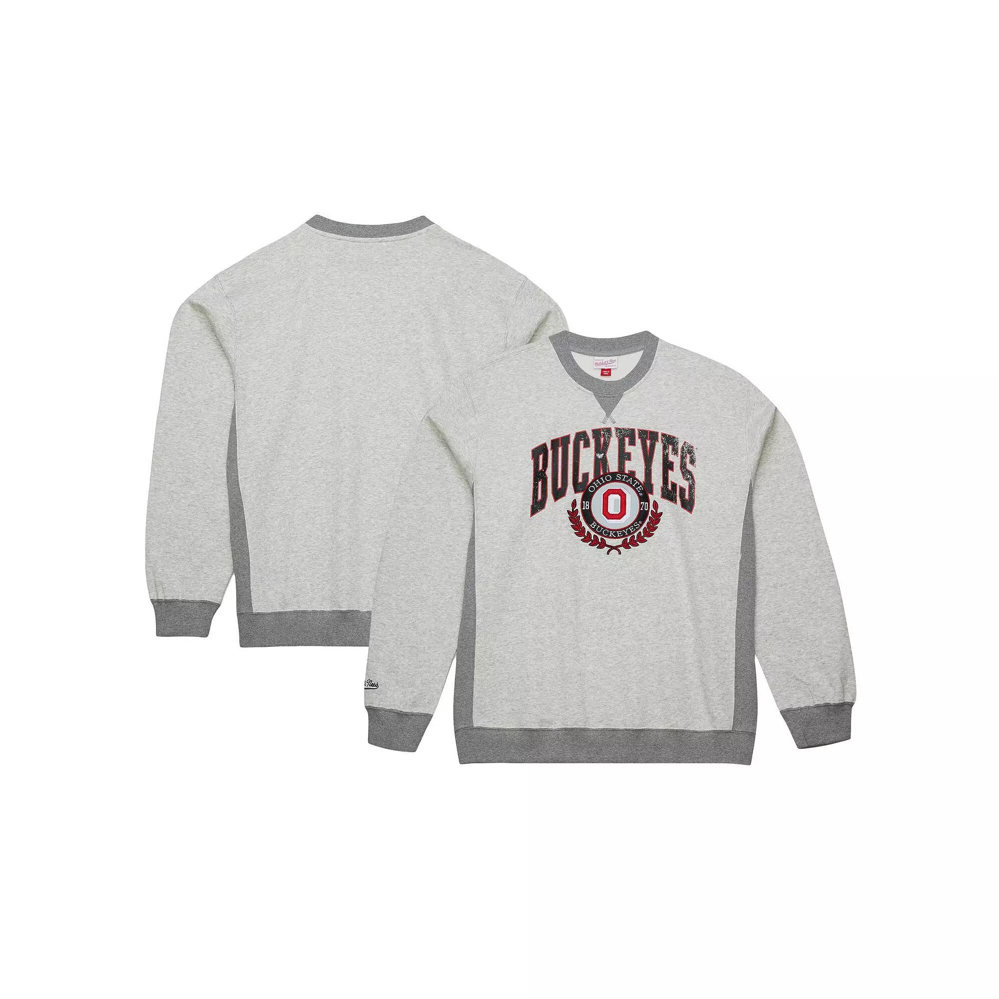 Men's Mitchell & Ness Heather Gray Ohio State Buckeyes Arched Fleece Crewneck Pullover Sweatshirt, Size: Medium, Grey Product Image