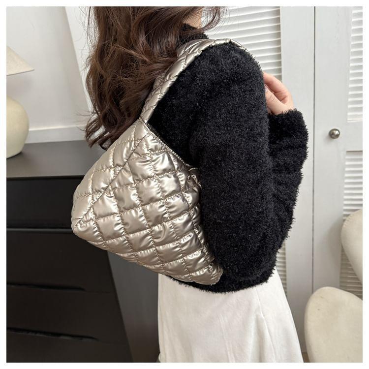 Plain Quilted Faux Leather Shoulder Bag Product Image