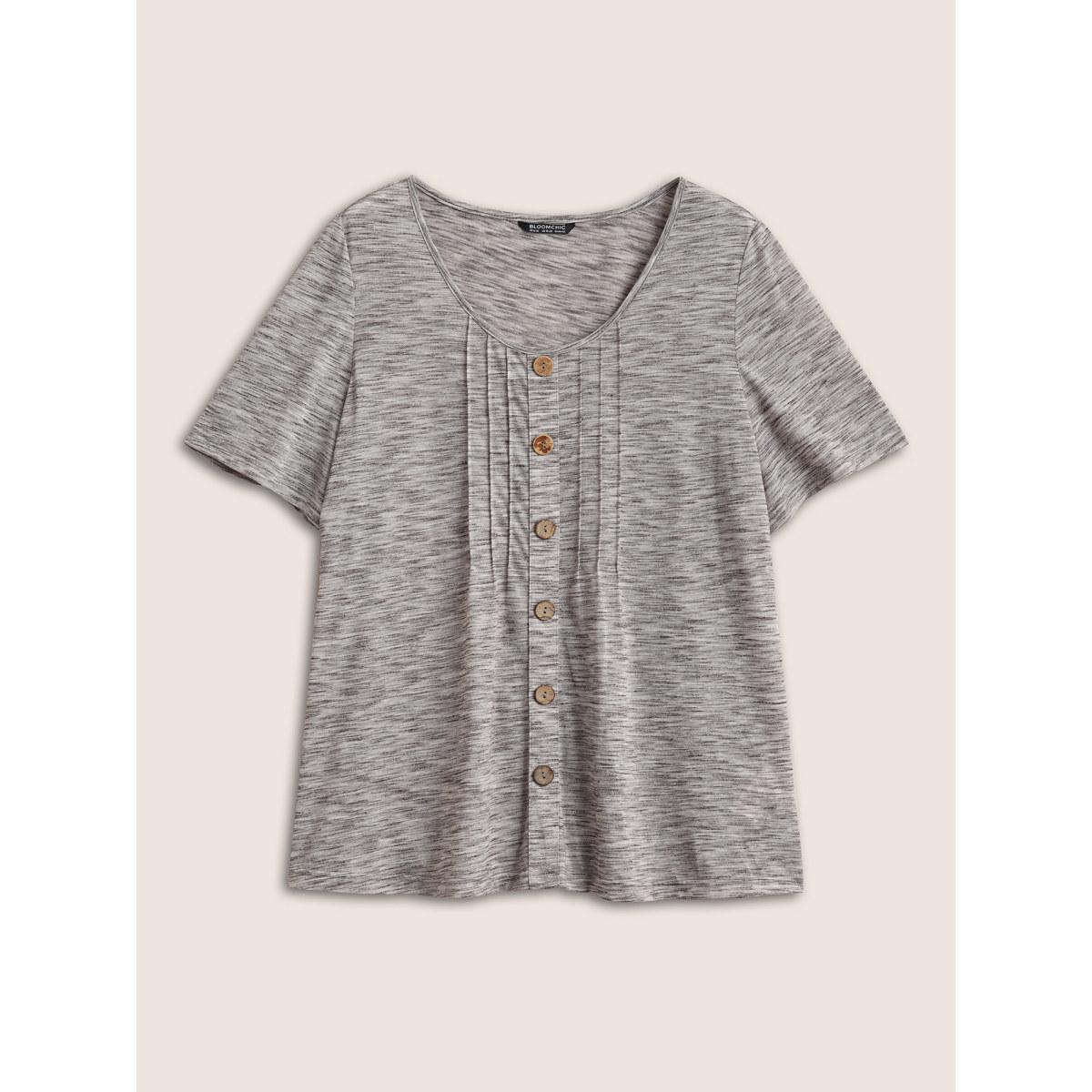Plus Size Round Neck Heather Pleated Button Detail T-shirt LightGray Women Casual Button Plain Round Neck Everyday T-shirts BloomChic 28/5X Product Image