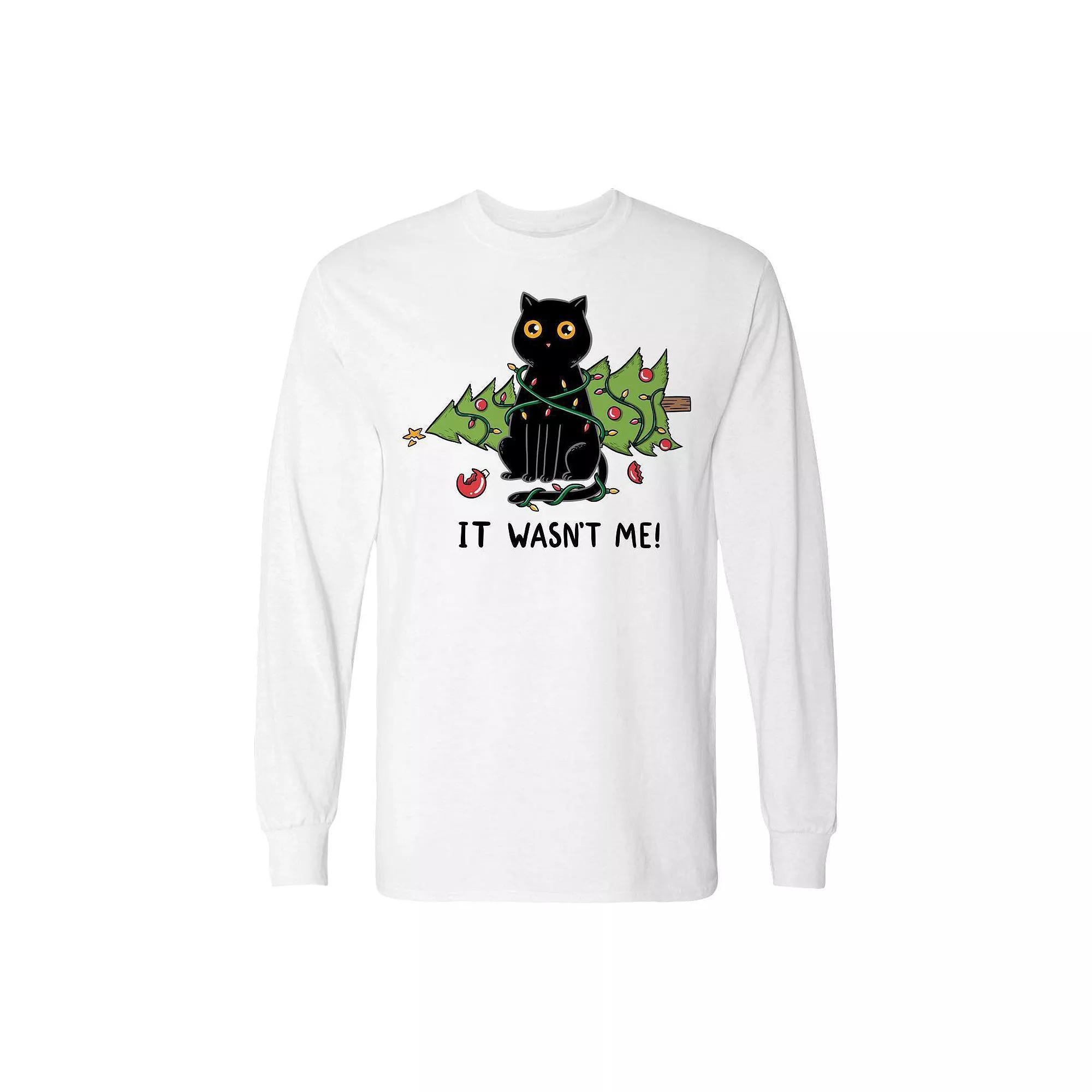 Men's Cat and Christmas Tree Long Sleeve Graphic Tee, Size: Large, White Product Image