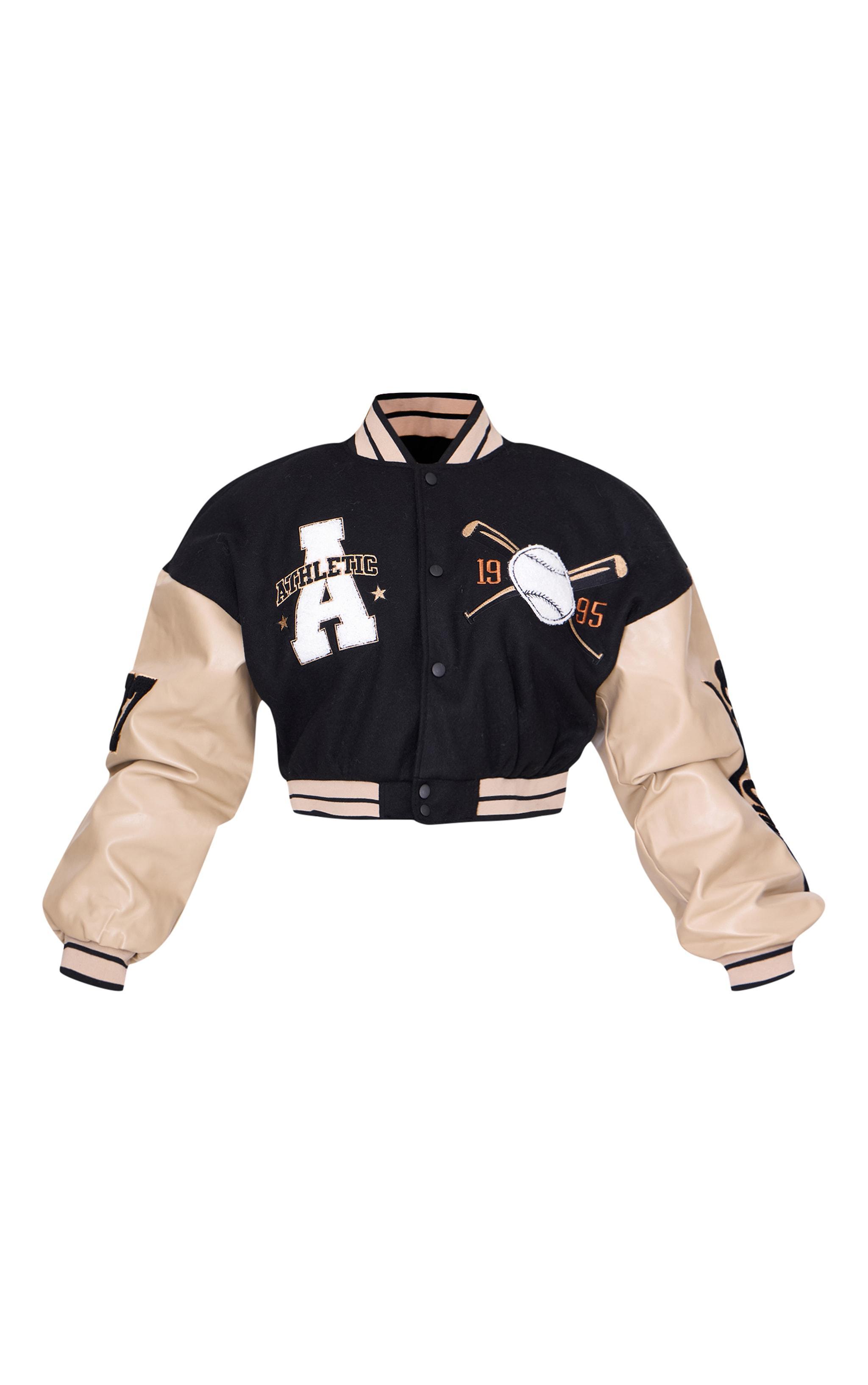 Oatmeal Wool Look Graphic Front Cropped Bomber Jacket Product Image